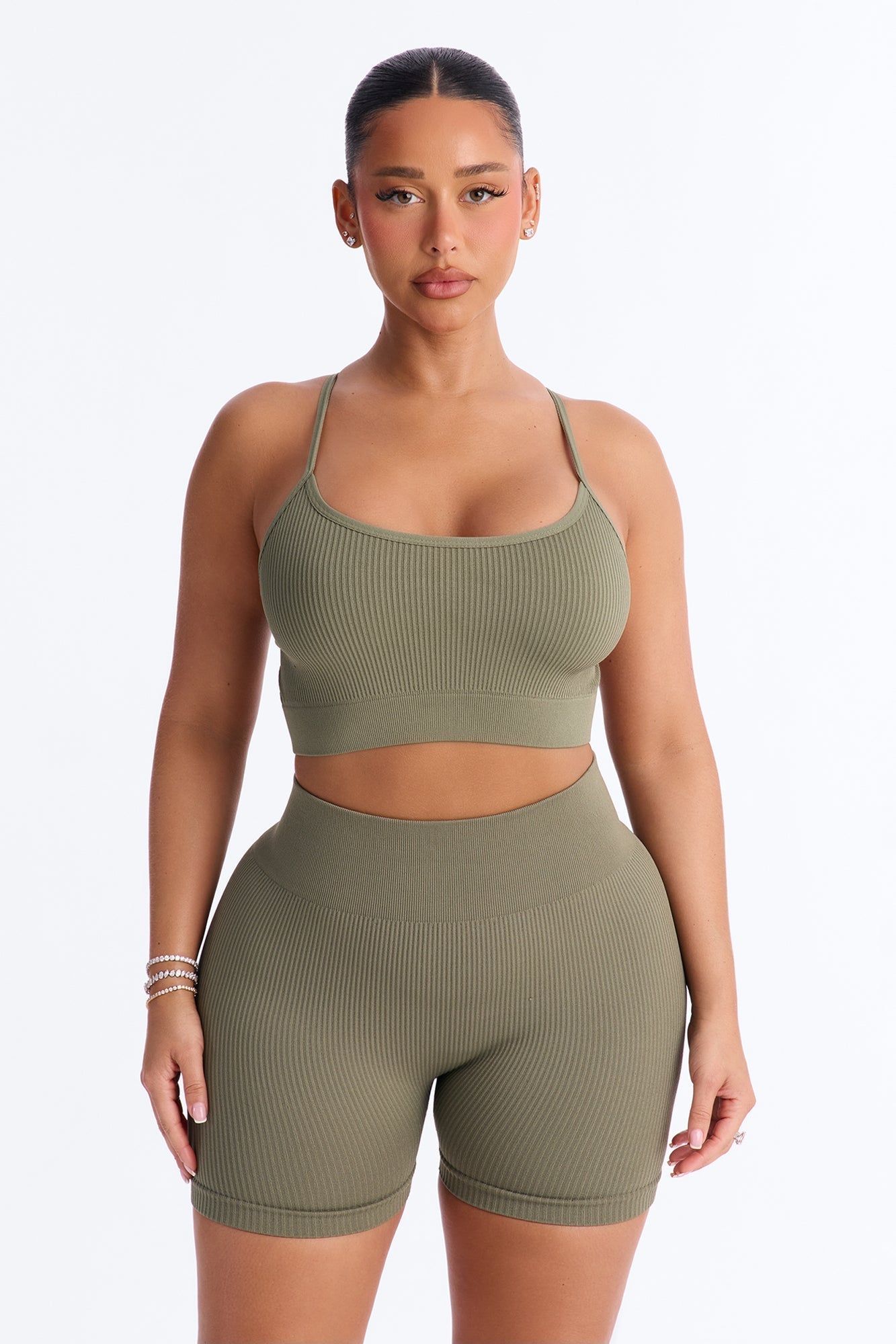 Never Settle Seamless Sports Bra Biker Short Set - Olive NEWFASHIONEDGE