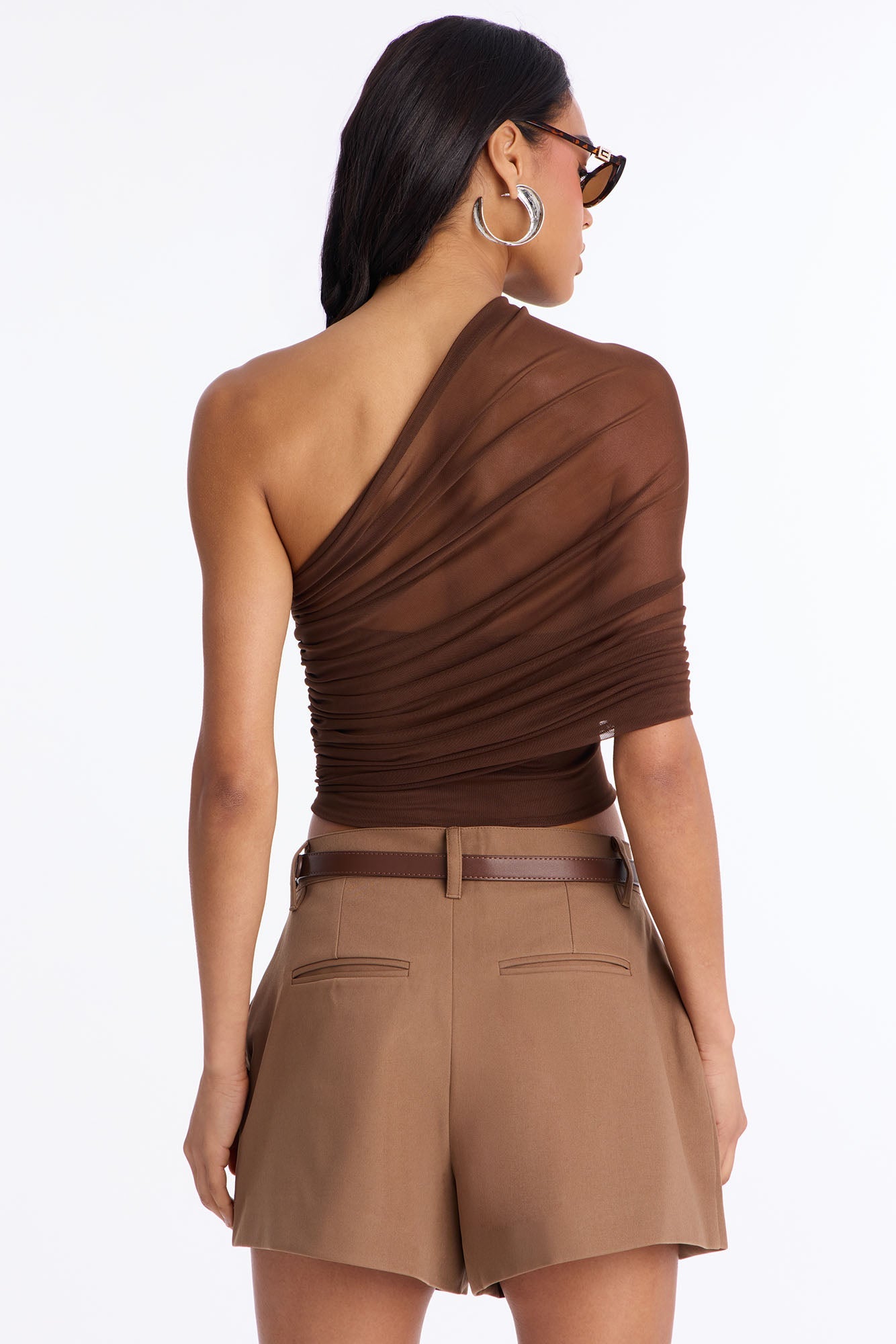 Melissa Ruched Mesh One Shoulder Double Layer Corset Top - Brown
