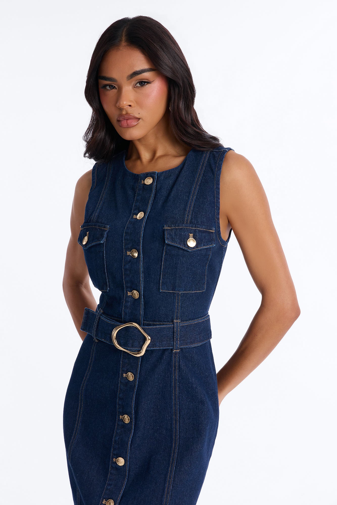 Isla Belted Denim Midi Dress - Dark Wash NEWFASHIONEDGE