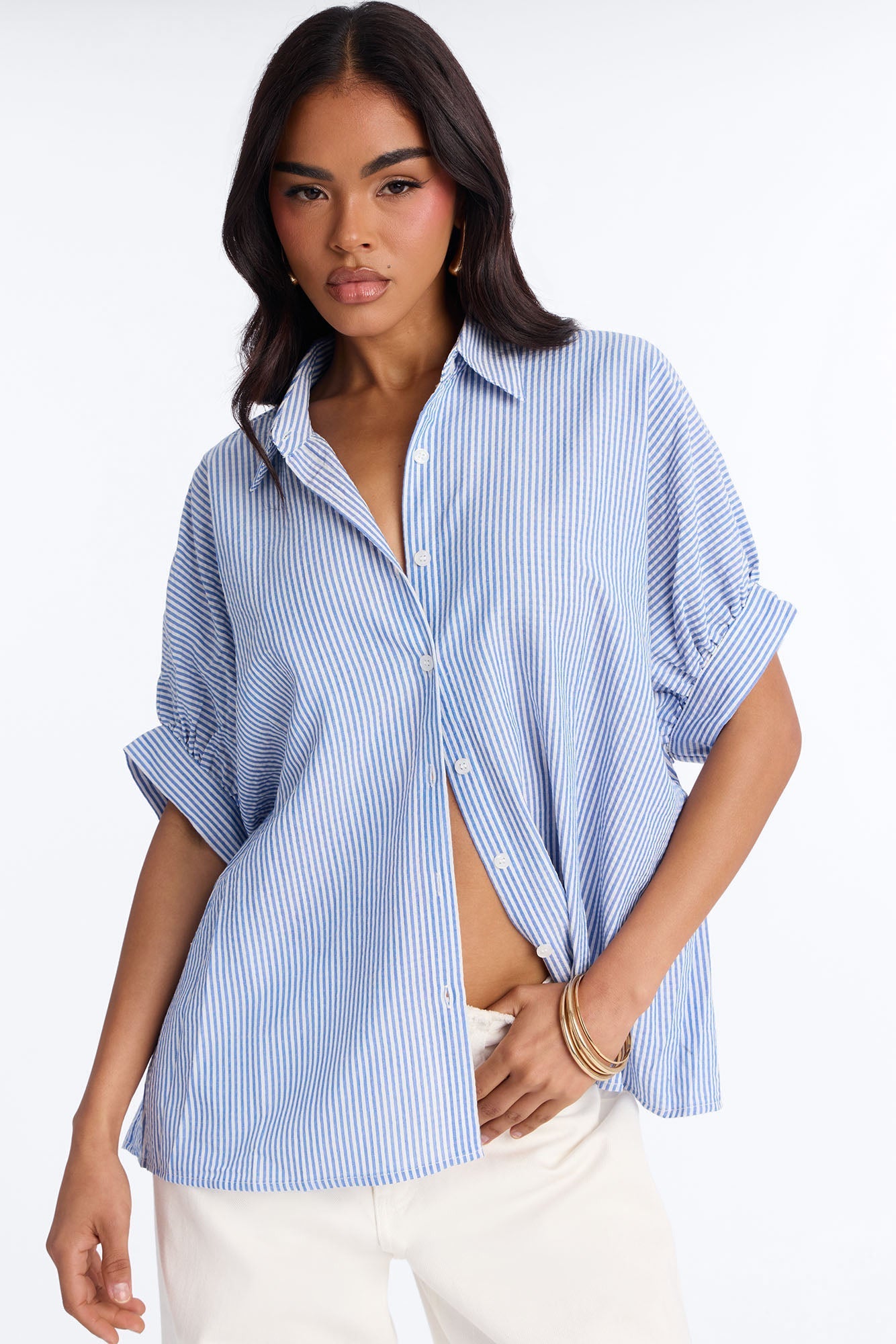 Josie Pinstripe Button Up Short Sleeve Shirt - Blue/combo