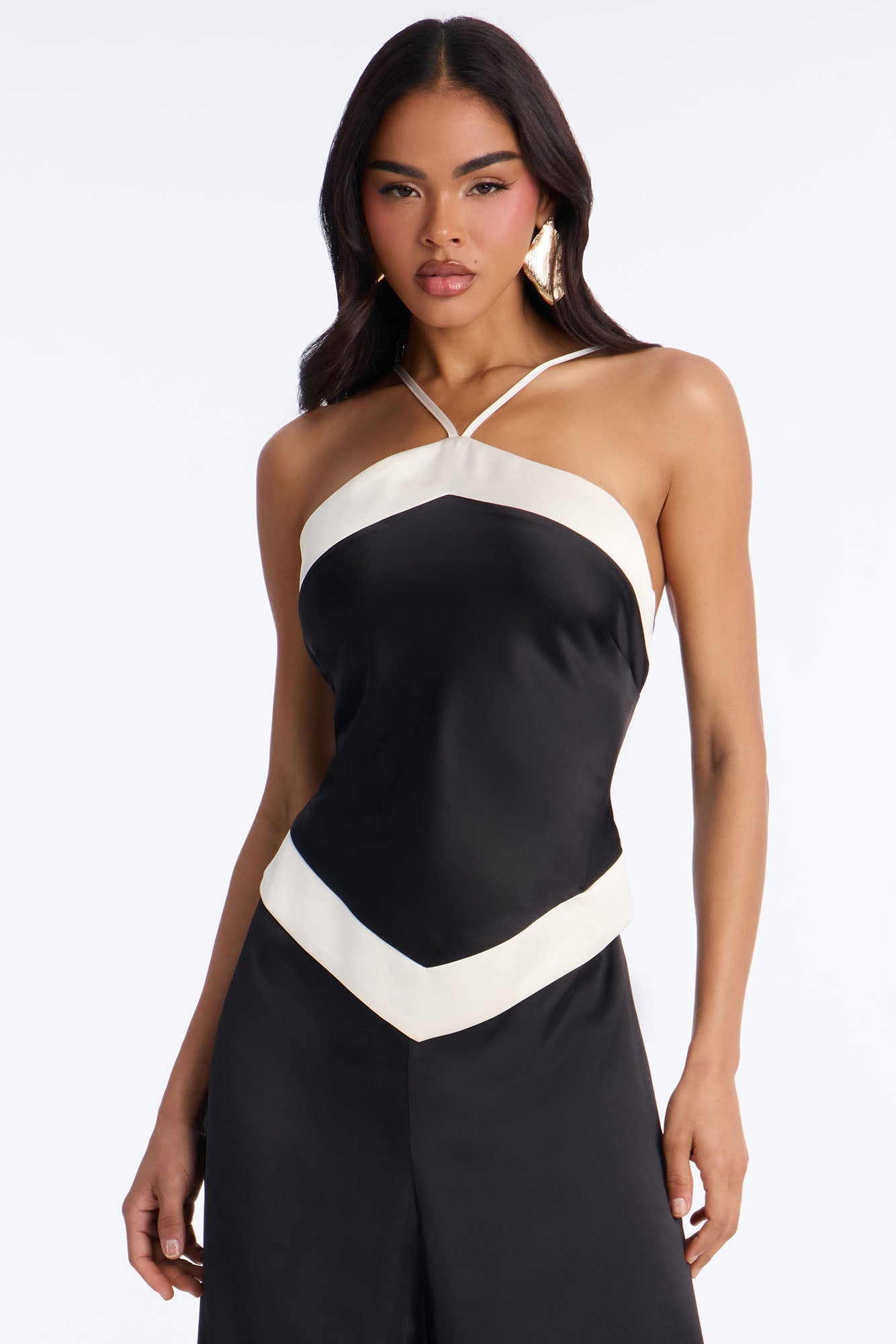 Hailie Satin Contrast Trim Halter Jumpsuit - Black NEWFASHIONEDGE