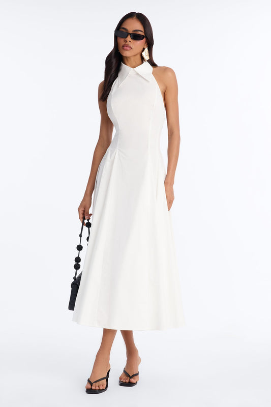 Audrey Collared Poplin Maxi Dress - White NEWFASHIONEDGE