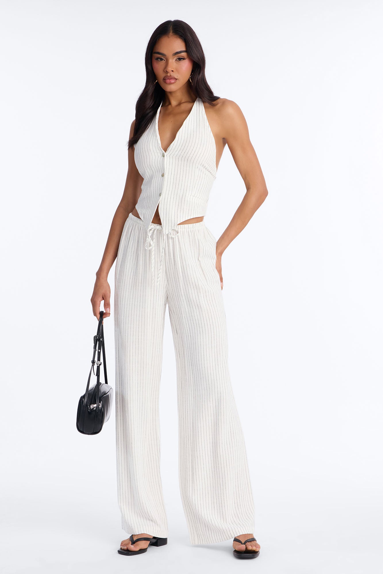 Girl Gone Wild Pinstripe Linen Halter Top - White/combo