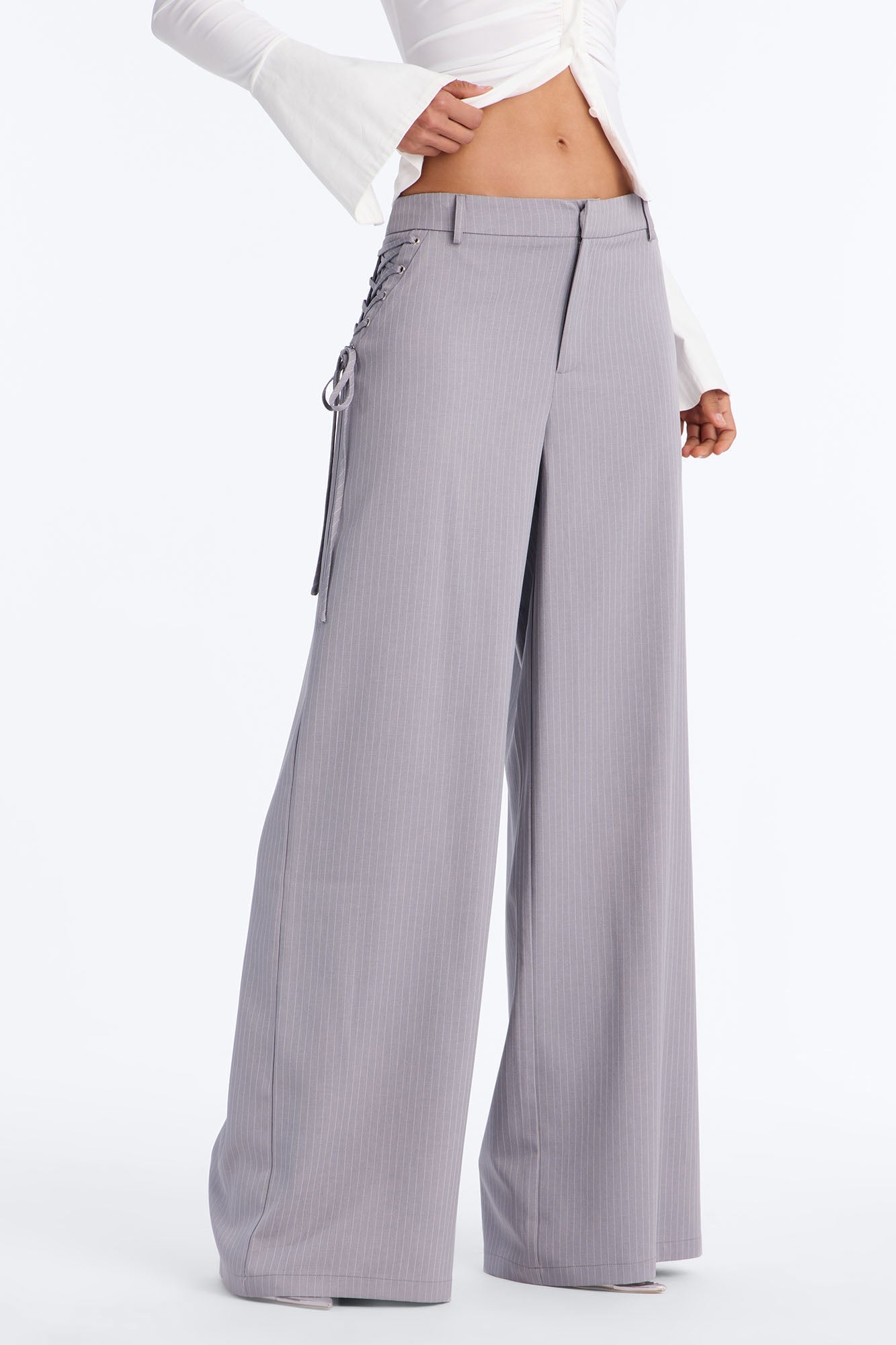 All Laced Up Low Rise Pinstripe Trouser - Light Grey NEWFASHIONEDGE