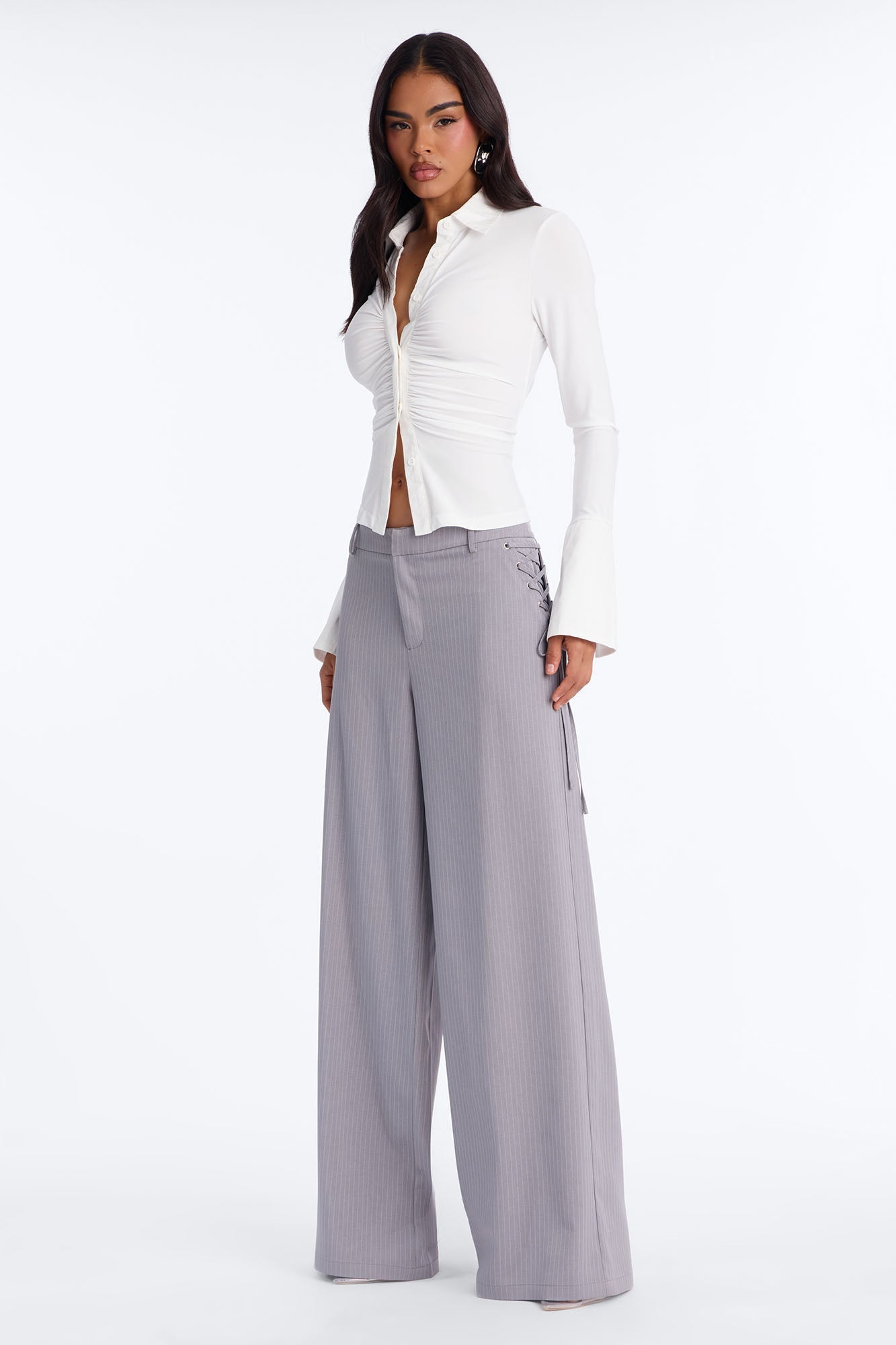 All Laced Up Low Rise Pinstripe Trouser - Light Grey NEWFASHIONEDGE