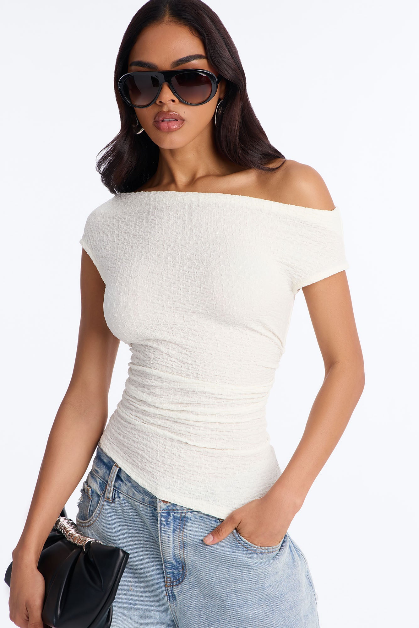 Tropical Tease Textured Off Shoulder Short Sleeve Top - Ivory Fashion Nova