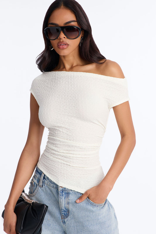 Tropical Tease Textured Off Shoulder Short Sleeve Top - Ivory Fashion Nova