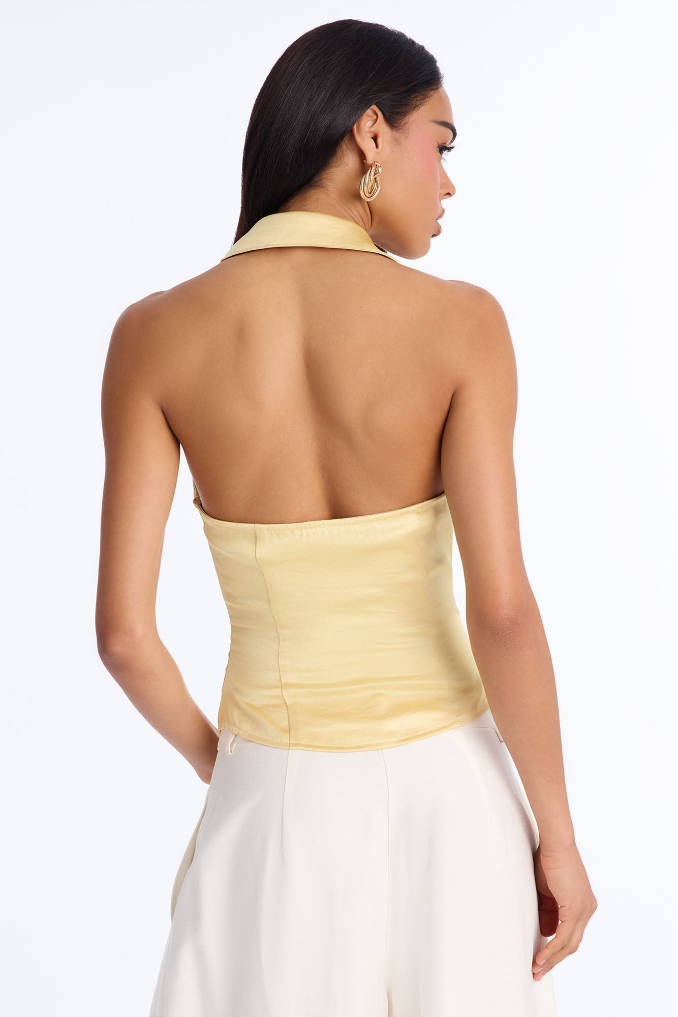 Simply That Girl Lace Up Satin Halter Top - Yellow NEWFASHIONEDGE