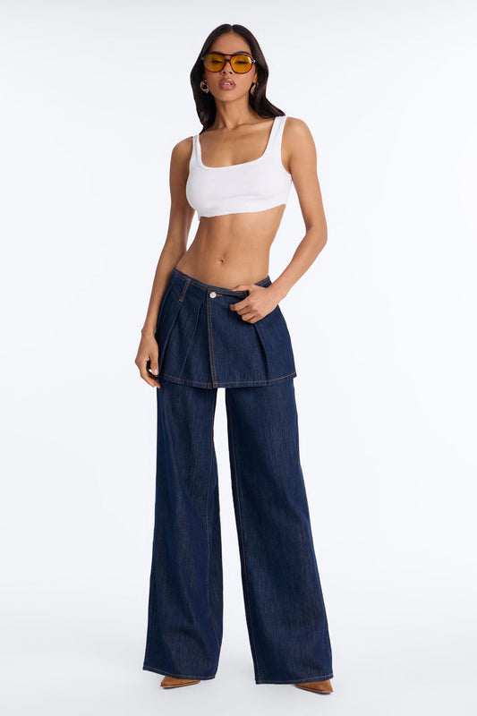 Set The Bar Skirt Overlay Wide Leg Jeans - Dark Wash