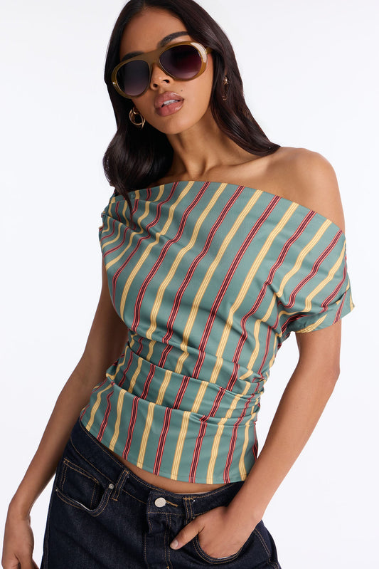Set The Tone One Shoulder Striped Top - Green/combo