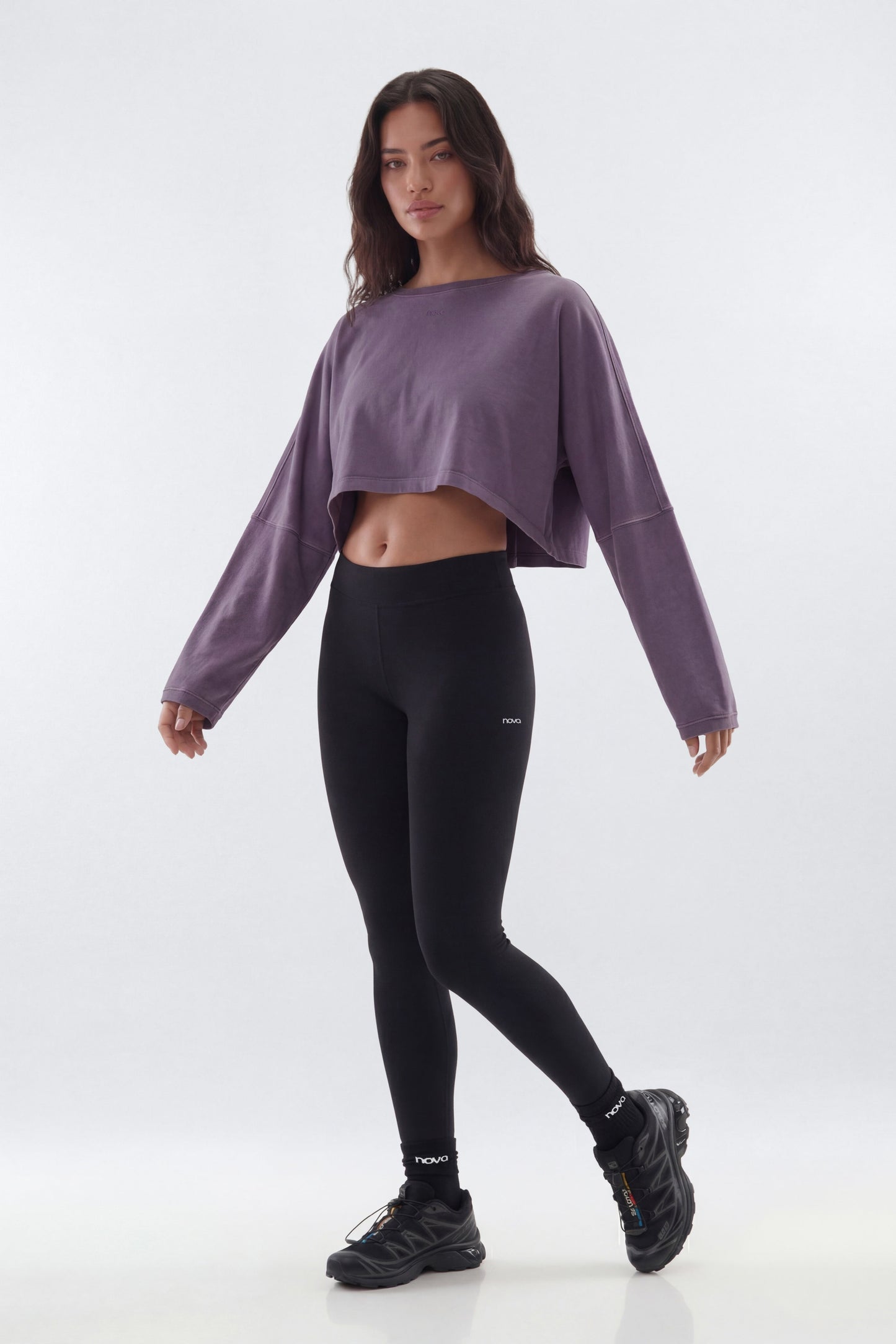 Cotton Jersey Long Sleeve Cropped Top - Iris