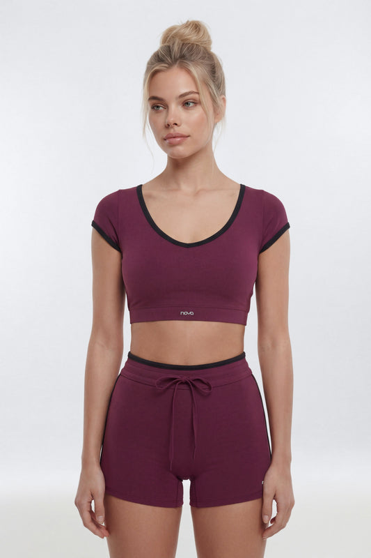 ProStretch™ Crop V-Neck Short Sleeve Sports Top - Merlot