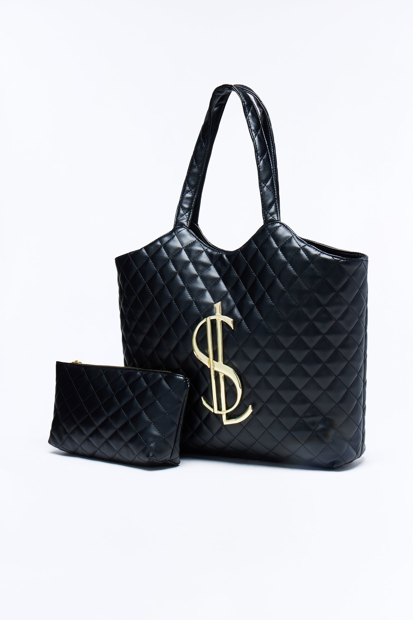 In Big Action Faux Leather Tote And Pouch - Black NEWFASHIONEDGE