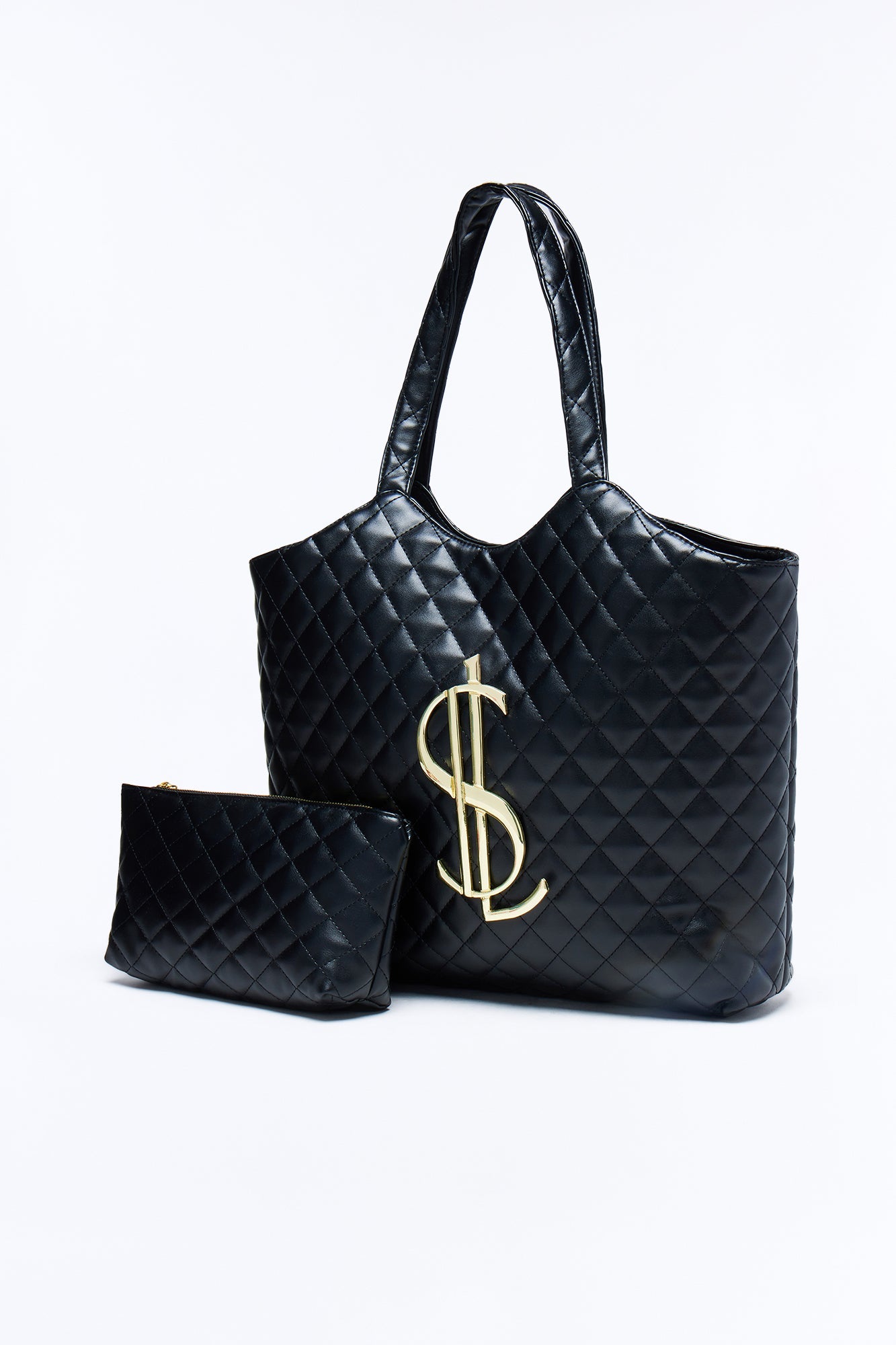 In Big Action Faux Leather Tote And Pouch - Black