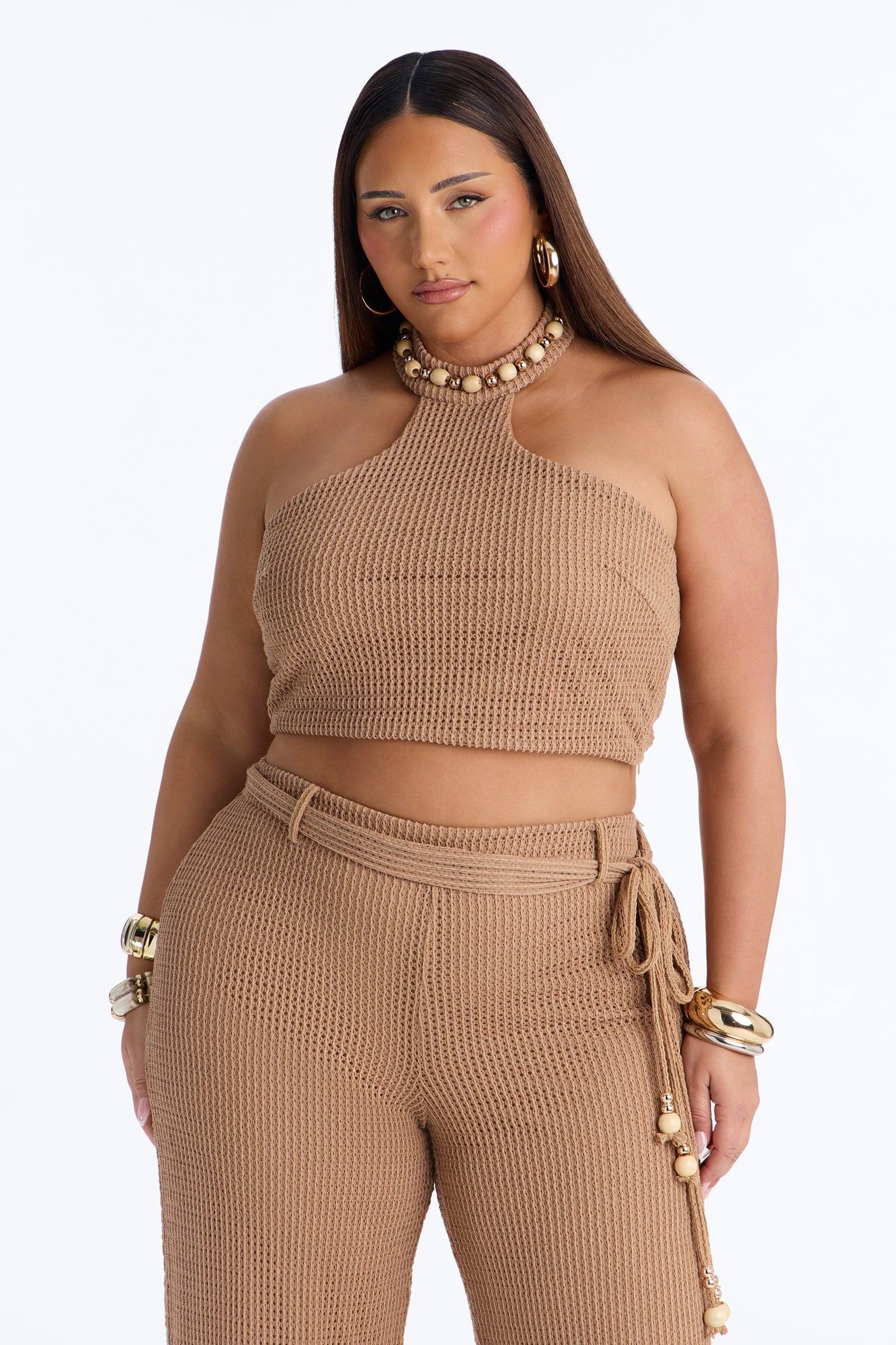 Shoreline Chic Beaded Halter Crochet Pant Set - Camel Fashion Nova