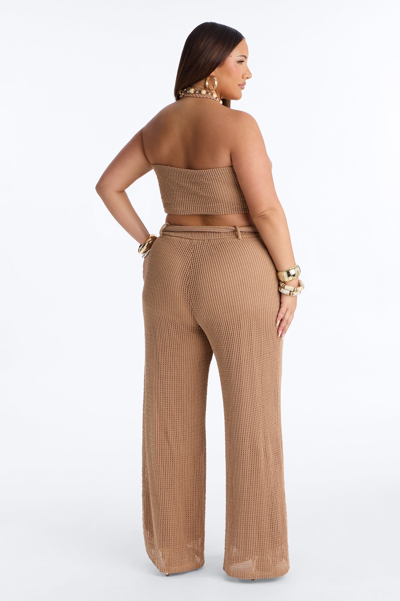Shoreline Chic Beaded Halter Crochet Pant Set - Camel Fashion Nova