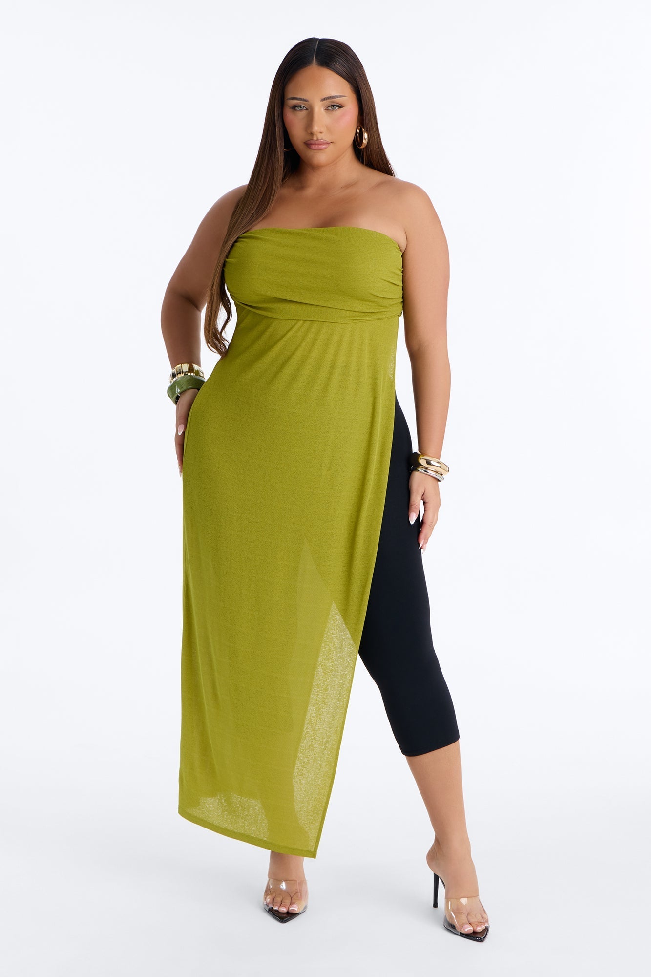 Tropical Drift Long Ruched Cut Out Tube Top - Chartreuse NEWFASHIONEDGE