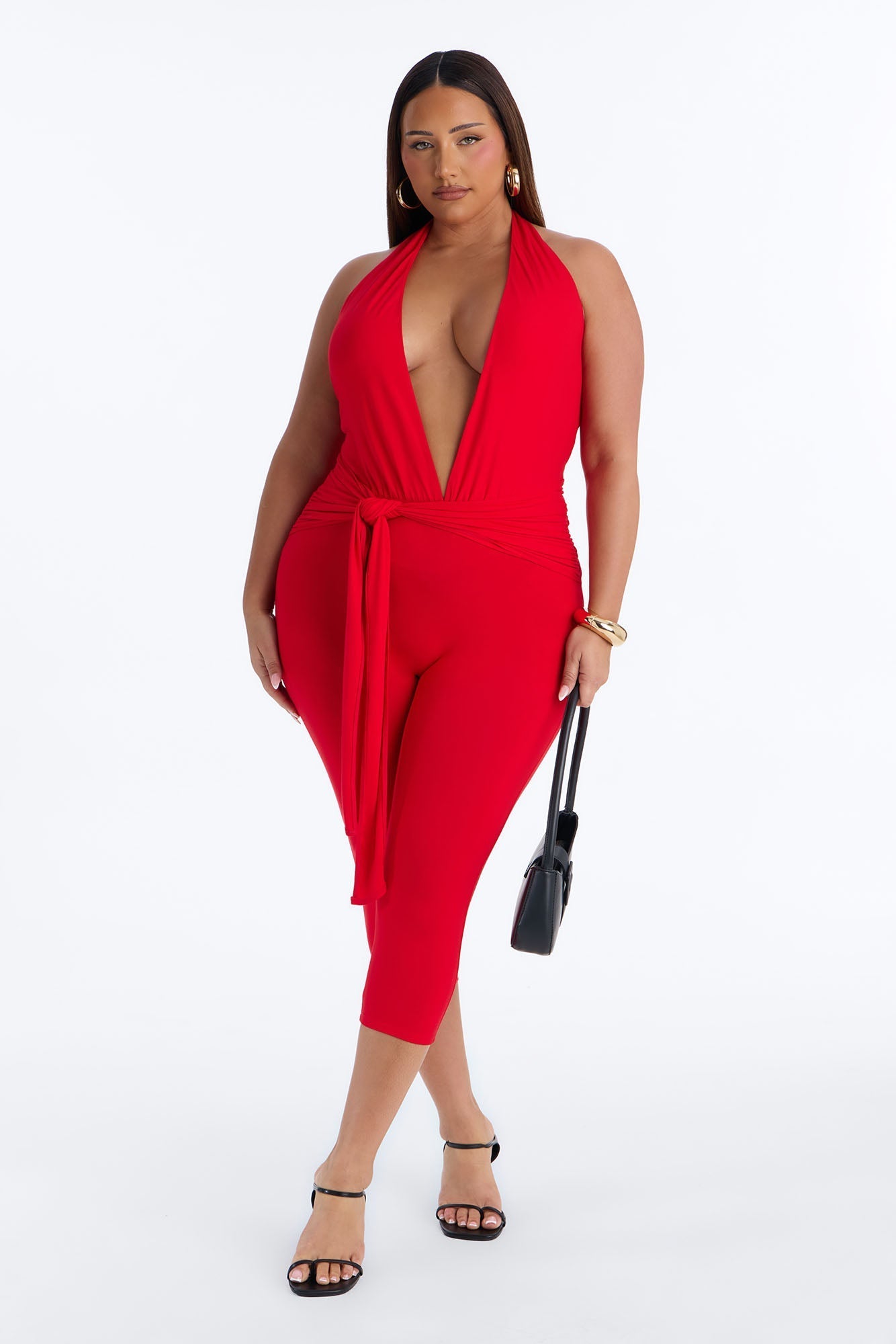 Karla Plunge Capri Catsuit - Red NEWFASHIONEDGE