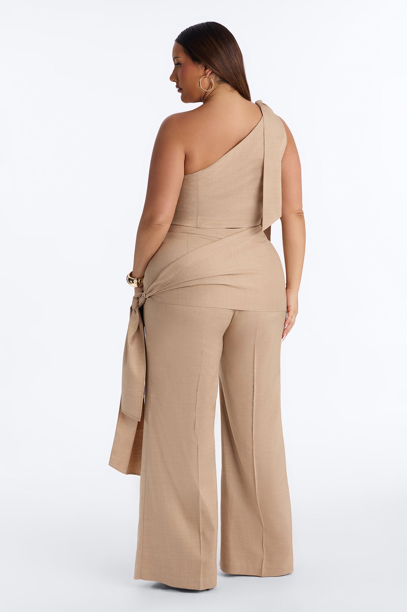 Lena Crepe One Shoulder Wrap Trouser Set - Taupe