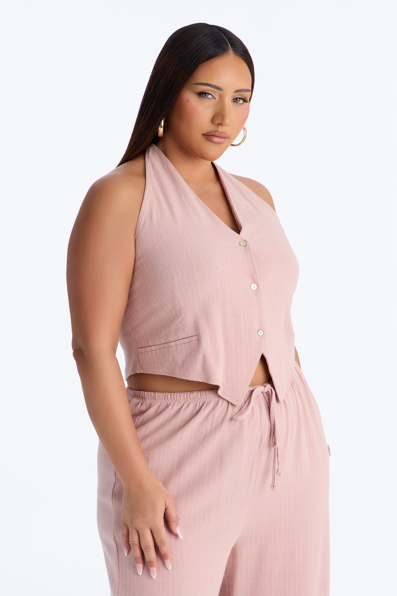 Girl Gone Wild Pinstripe Linen Halter Top - Blush NEWFASHIONEDGE