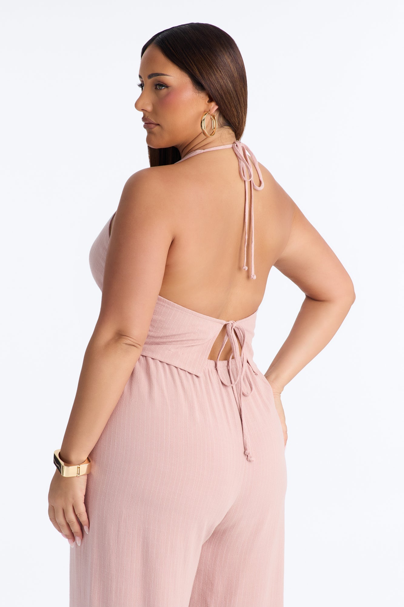 Girl Gone Wild Pinstripe Linen Halter Top - Blush NEWFASHIONEDGE