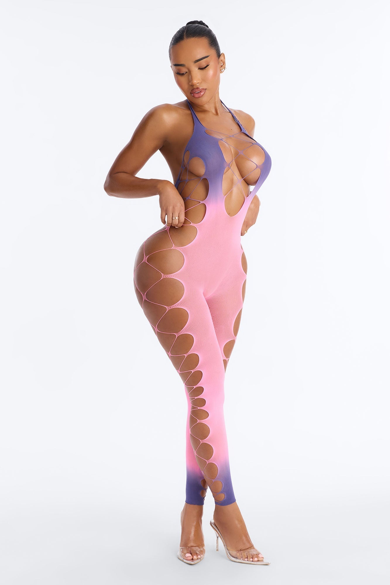 Give In Ombre Fishnet Jumpsuit Bodystocking - Pink/combo NEWFASHIONEDGE