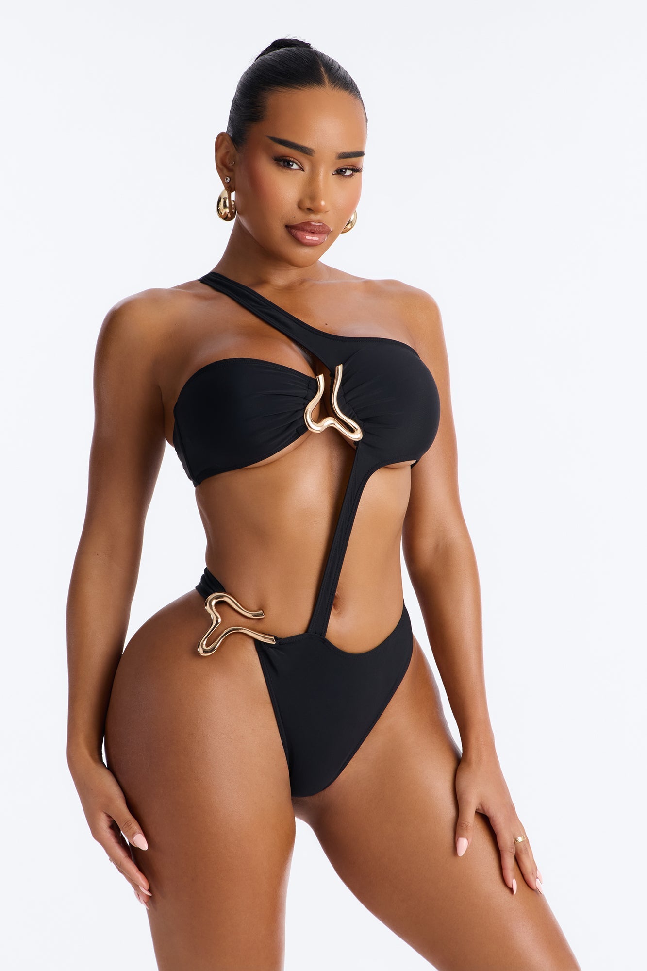Salara One Shoulder Hardware 1 Piece Swimsuit - Black