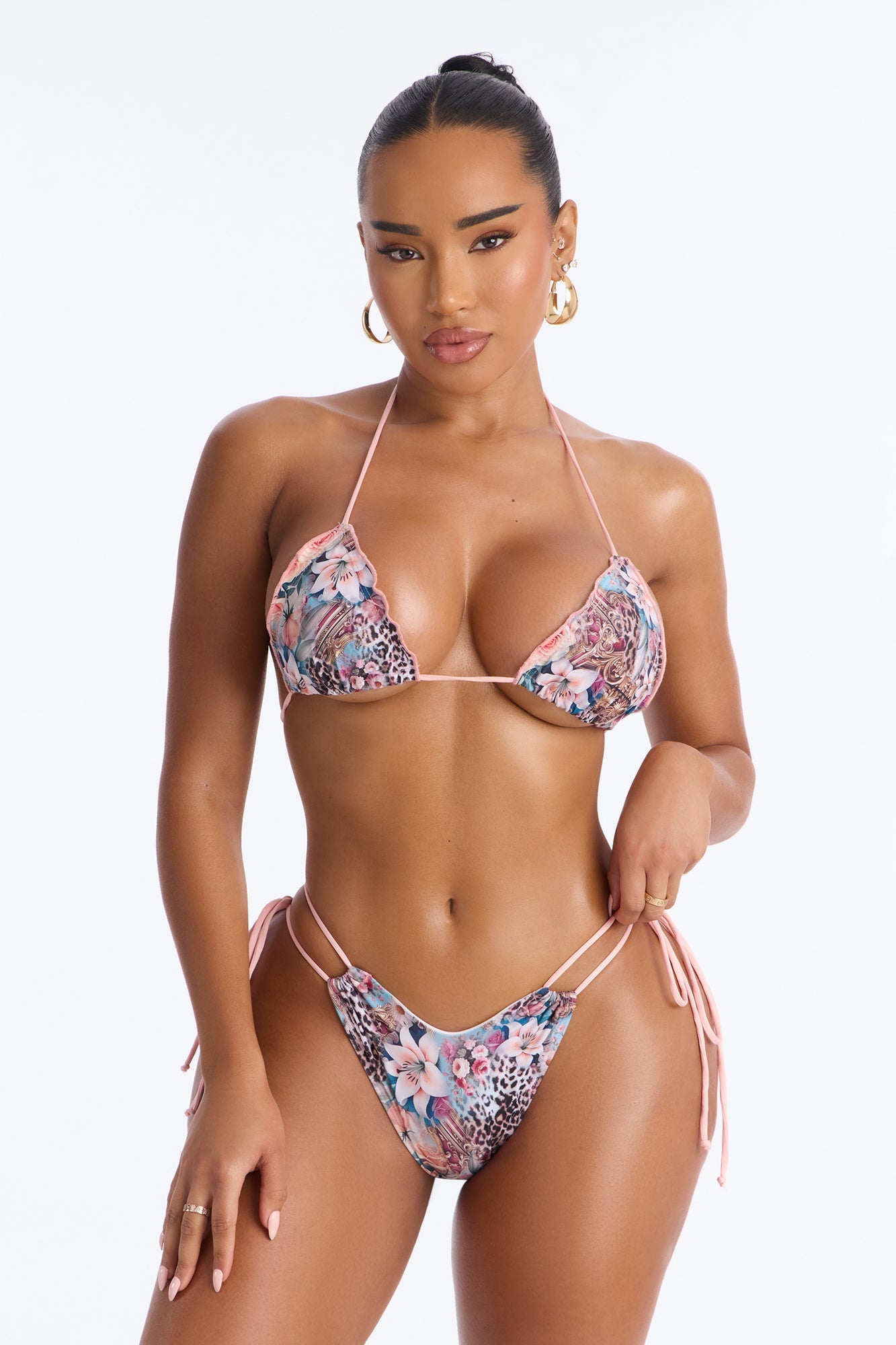 Beach Bar Contrast Floral Animal Strappy 2 Piece Bikini - Pink/combo