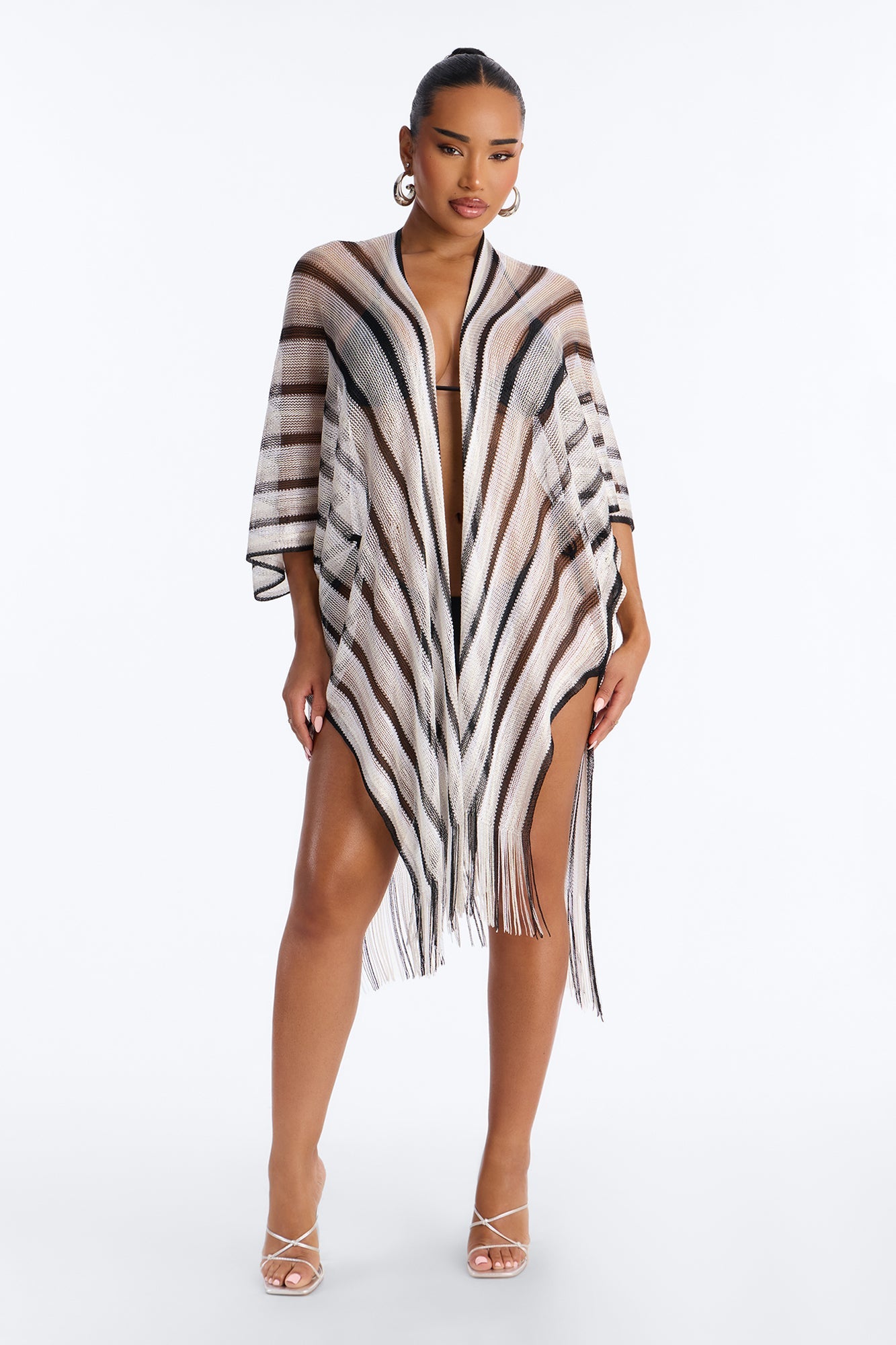 Leni Striped Swim Cover Up Kimono - Black/White NEWFASHIONEDGE