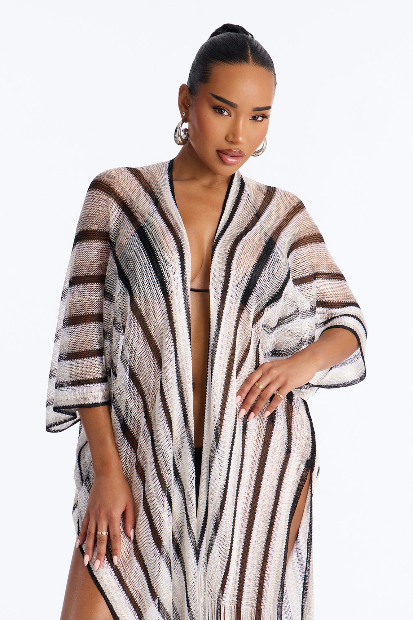 Leni Striped Swim Cover Up Kimono - Black/White NEWFASHIONEDGE