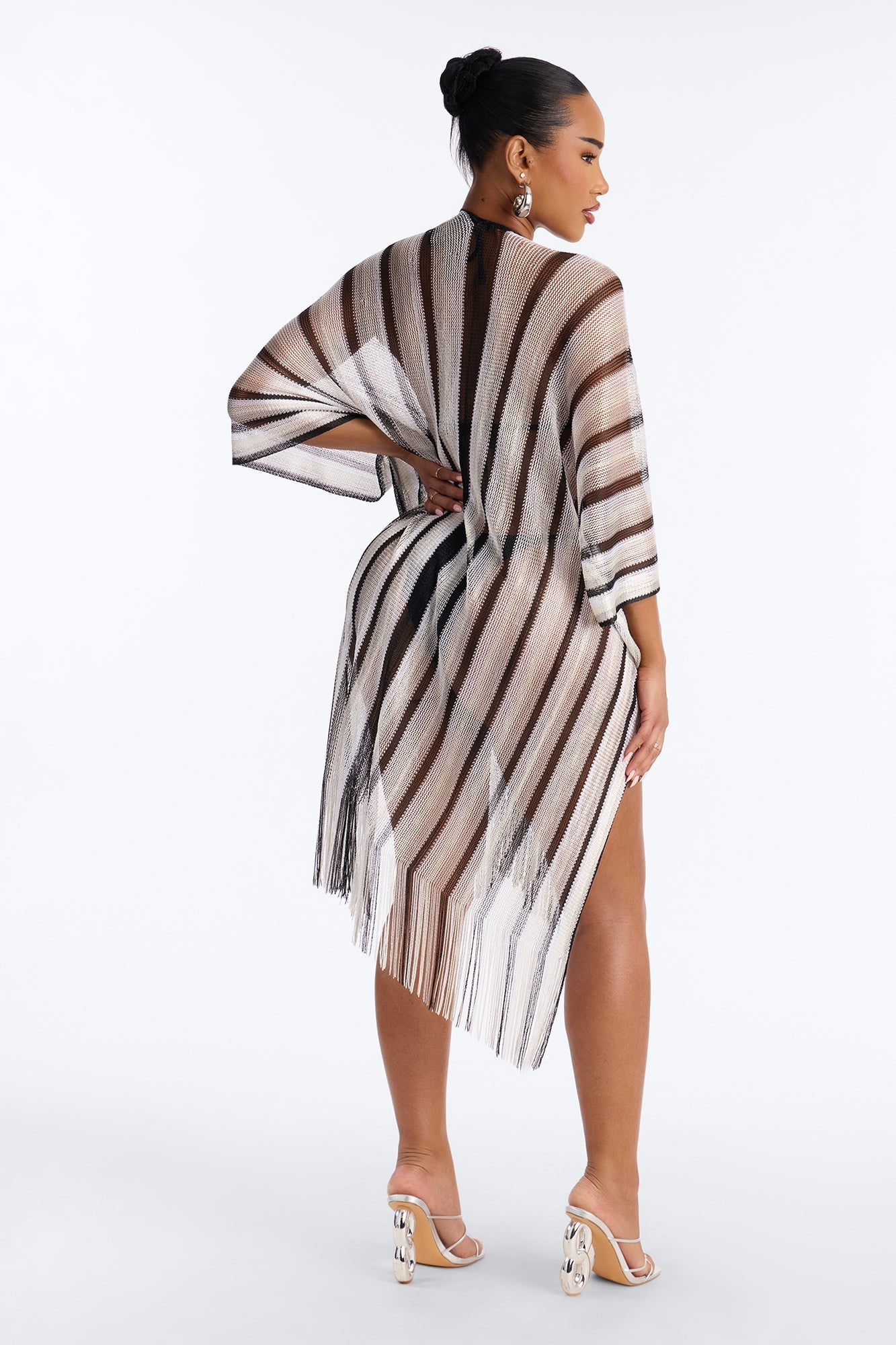 Leni Striped Swim Cover Up Kimono - Black/White NEWFASHIONEDGE