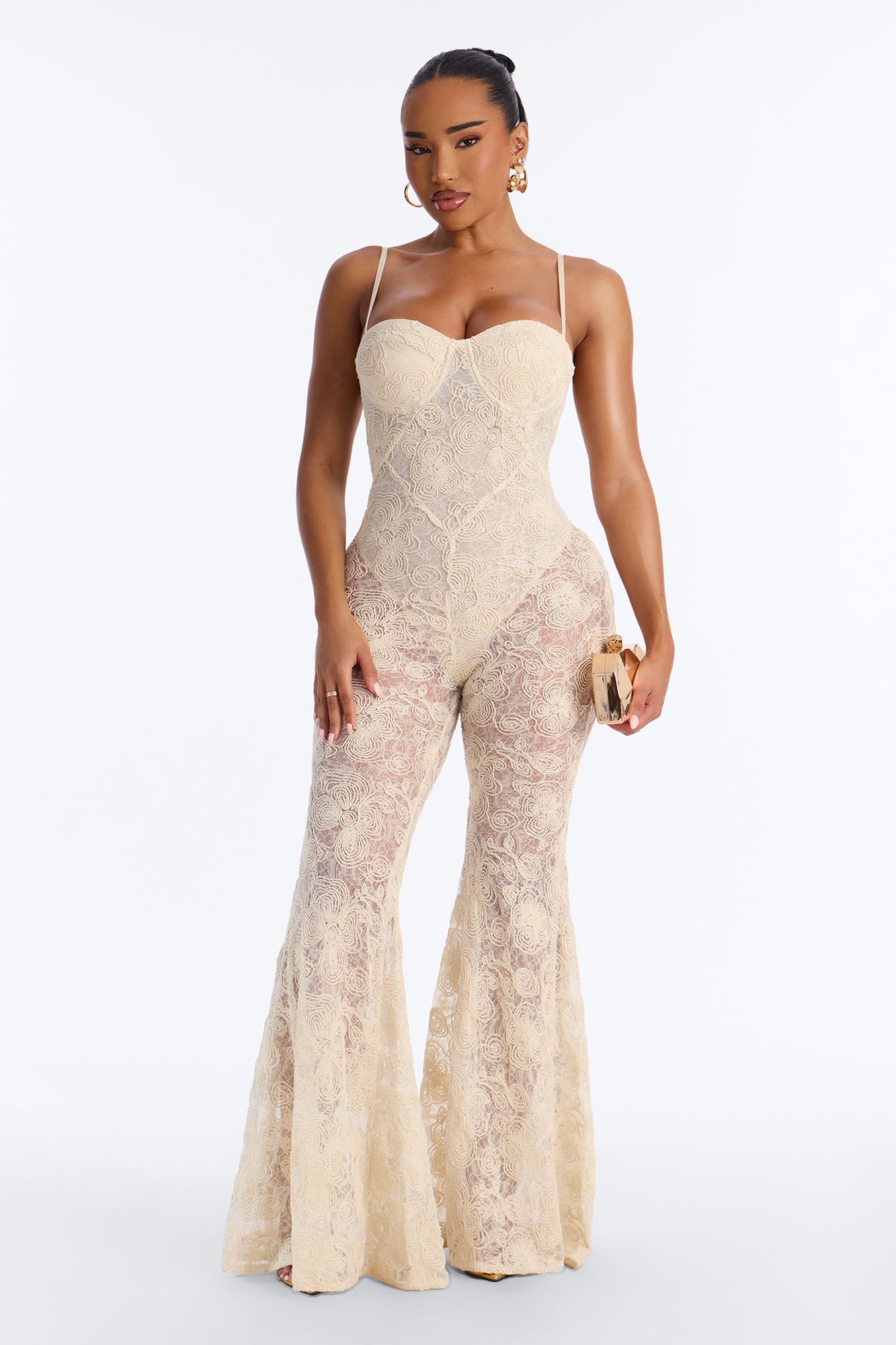 Meena Lace Flare Jumpsuit - Ivory NEWFASHIONEDGE