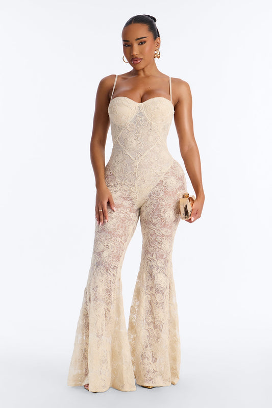Meena Lace Flare Jumpsuit - Ivory NEWFASHIONEDGE