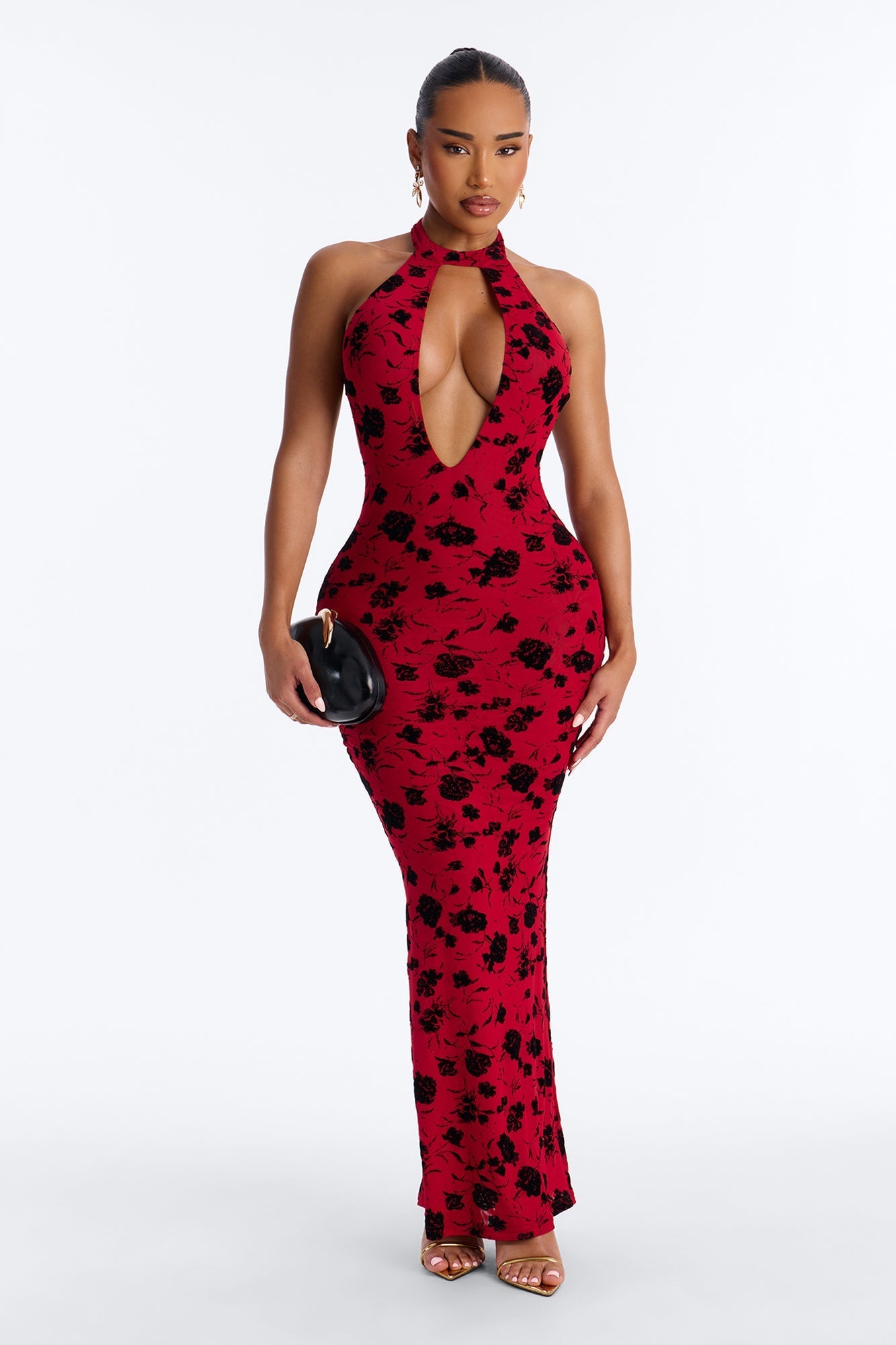 Hollywood Cut Out Flocked Maxi Dress - Red/combo NEWFASHIONEDGE