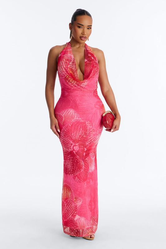 Tropic Muse Halter Mesh Maxi Dress - Pink/combo Fashion Nova