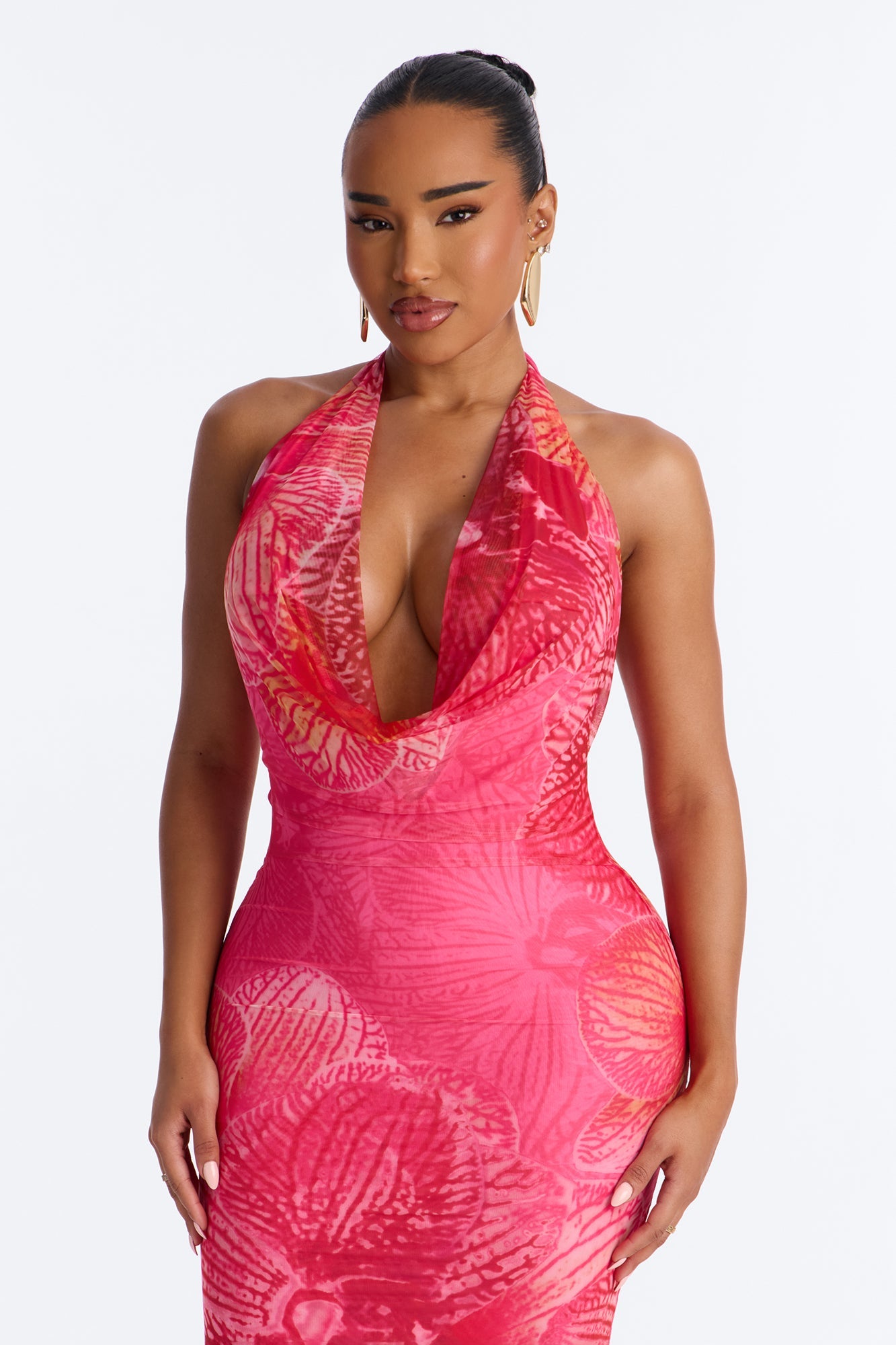 Tropic Muse Halter Mesh Maxi Dress - Pink/combo Fashion Nova