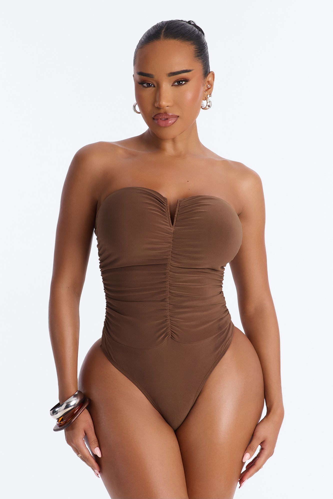 Gentle Blossom Ruched Notch Neck Strapless Bodysuit - Mocha NEWFASHIONEDGE