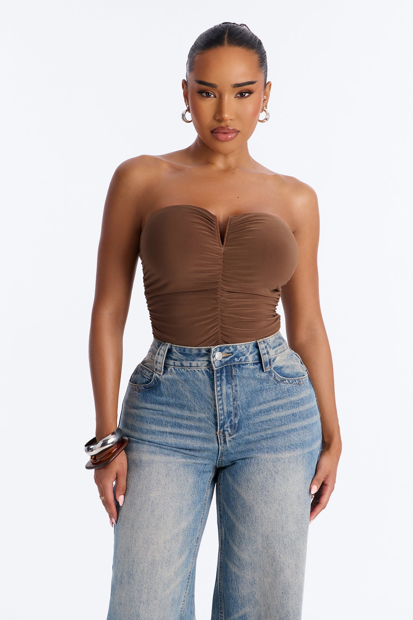 Gentle Blossom Ruched Notch Neck Strapless Bodysuit - Mocha NEWFASHIONEDGE