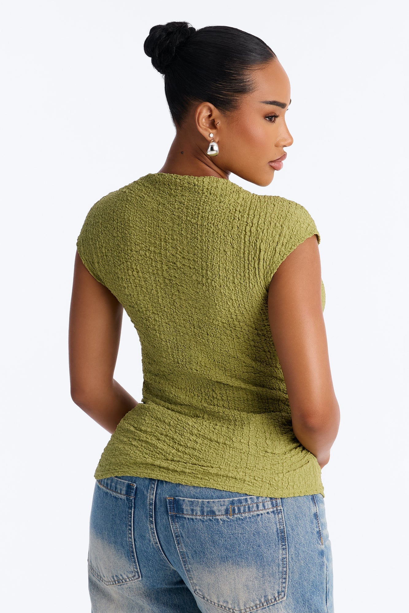 Isla Textured Mock Neck Asymmetrical Short Sleeve Top - Sage