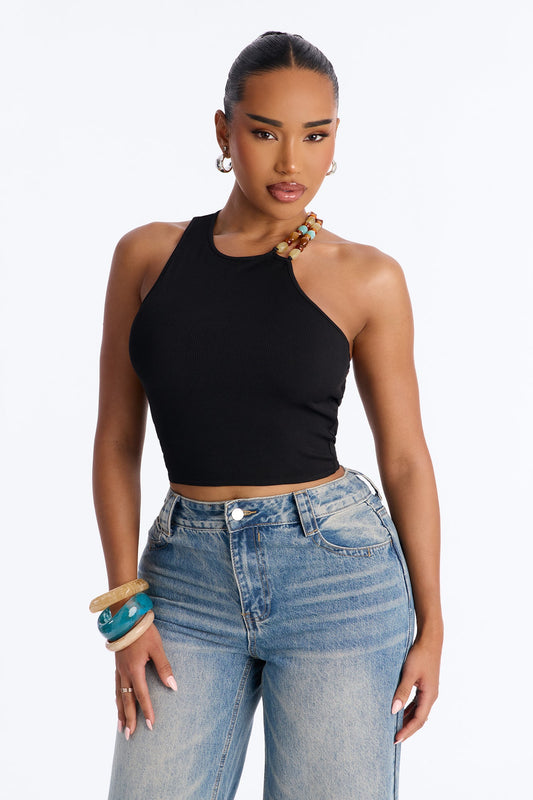 Cali Girl Ribbed Beaded Top - Black