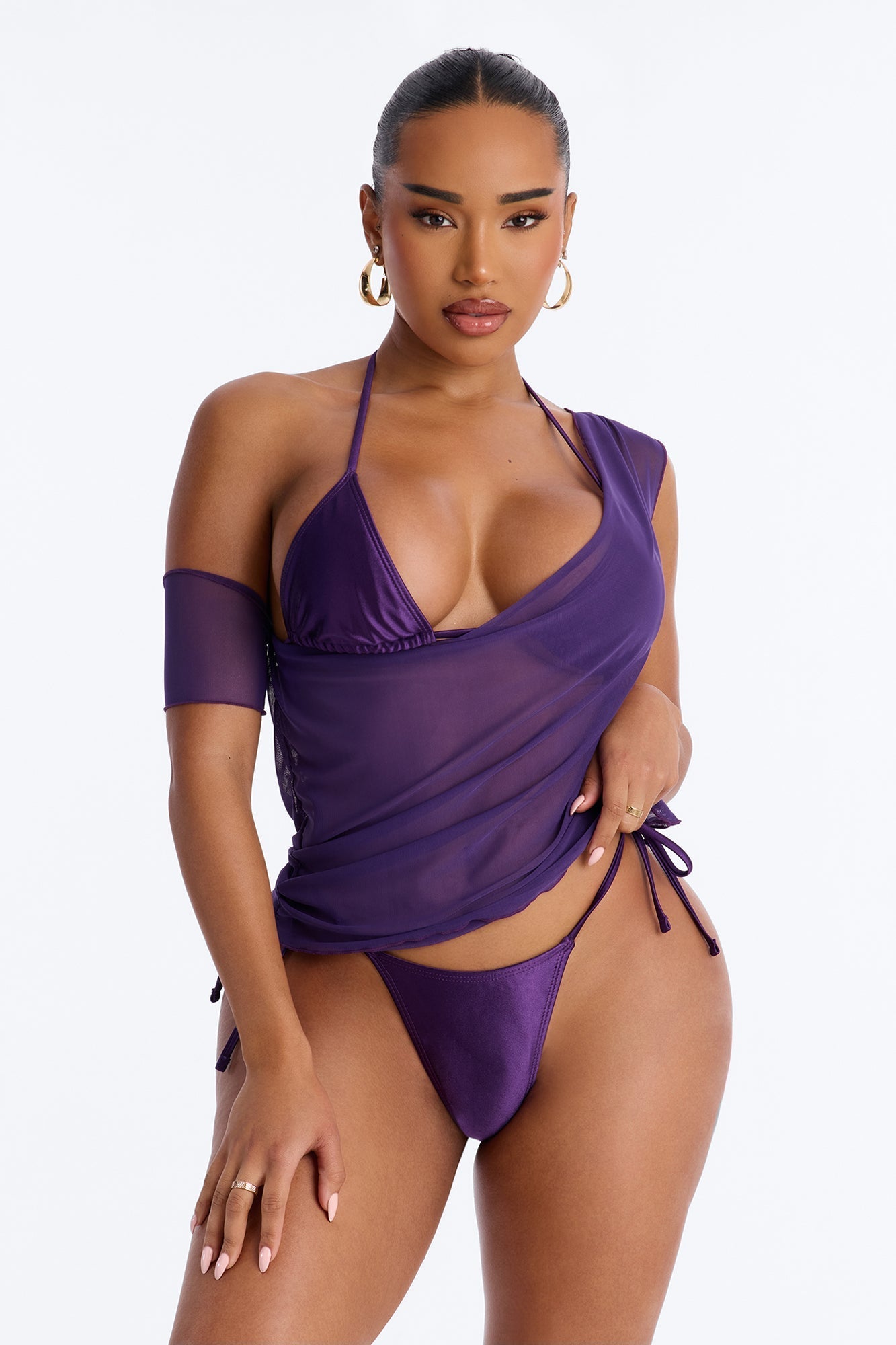 Pearl Horizon Satin 3 Piece Beaded Bikini Set - Purple NEWFASHIONEDGE