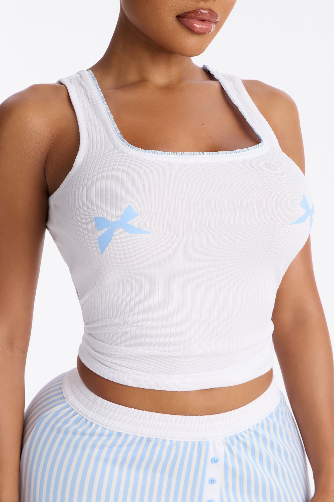 Bow Down Boxer PJ Pant Set - White/Blue Fashion Nova