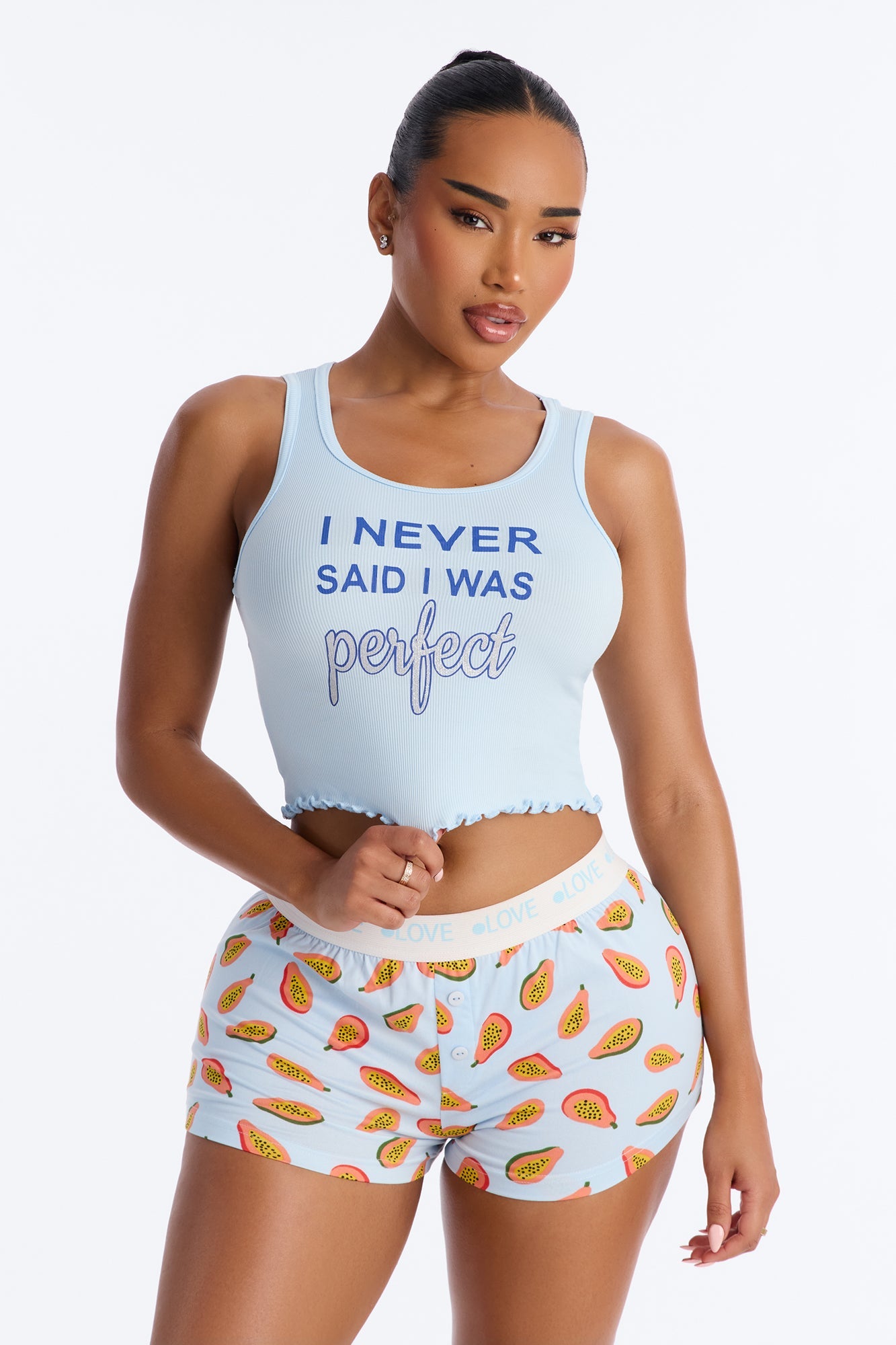 Amaya Papaya Top And Short PJ Set - Blue/combo Fashion Nova