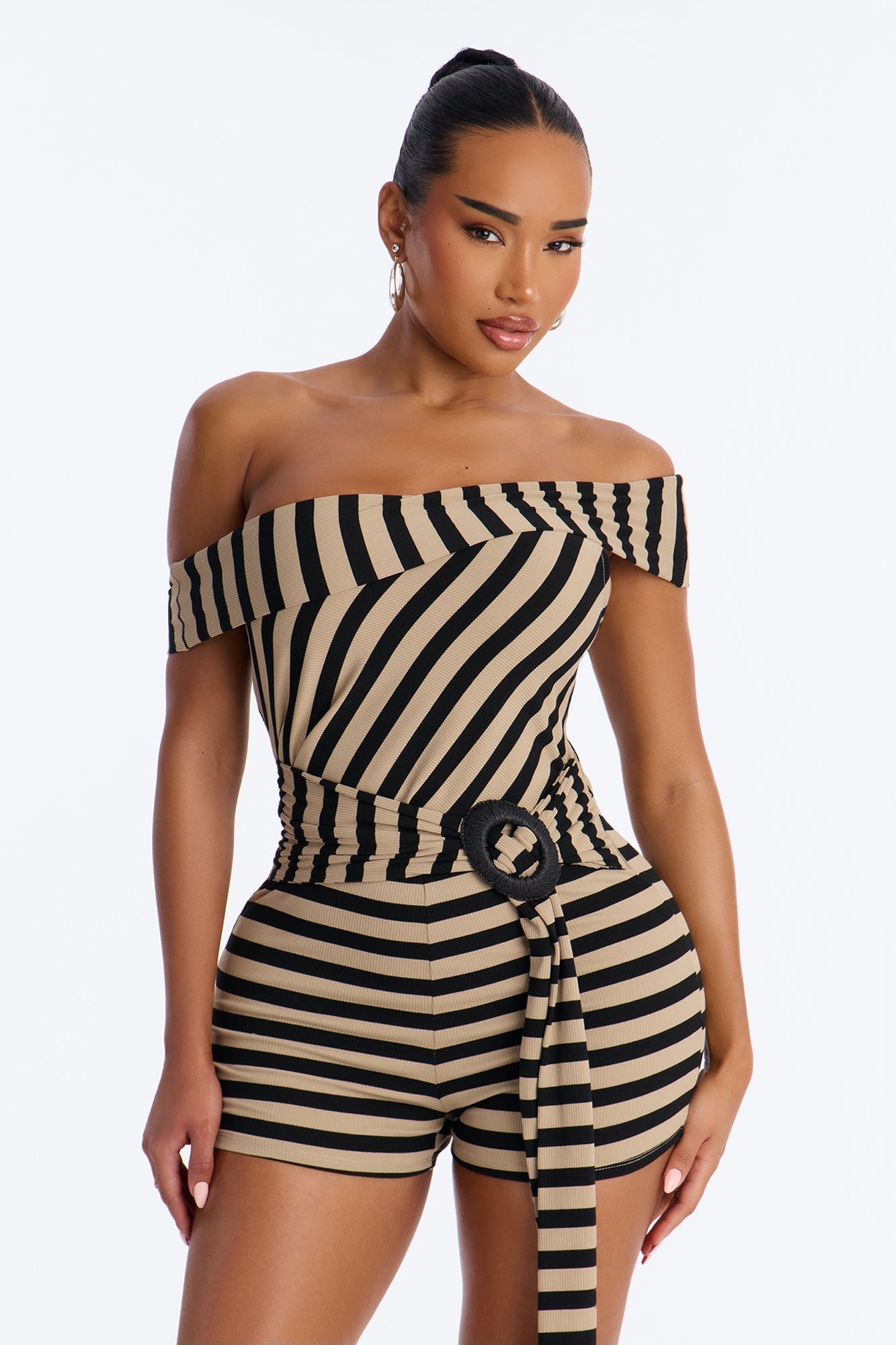 Celia Striped Off Shoulder Micro Romper - Black/combo NEWFASHIONEDGE