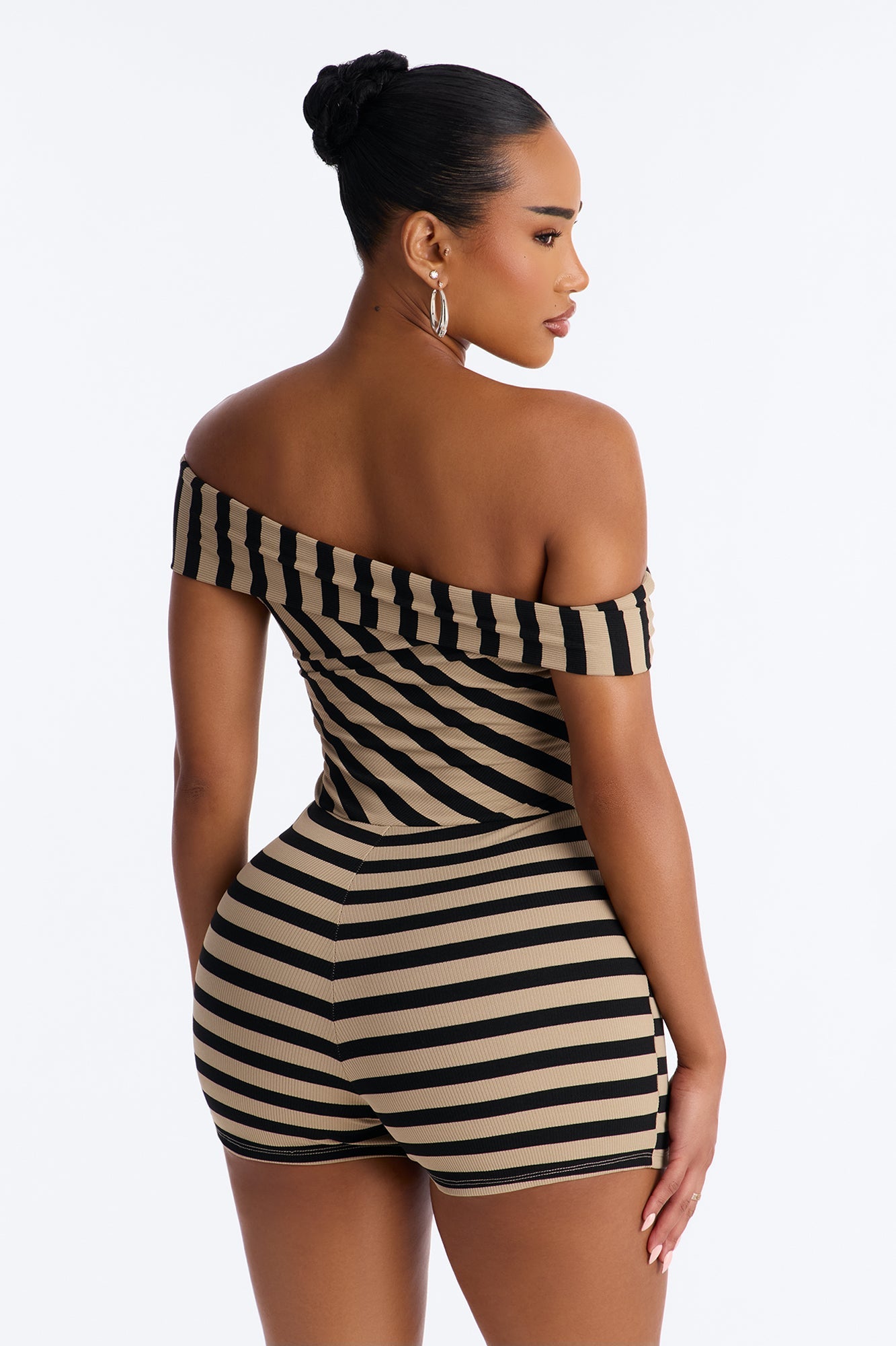 Celia Striped Off Shoulder Micro Romper - Black/combo NEWFASHIONEDGE