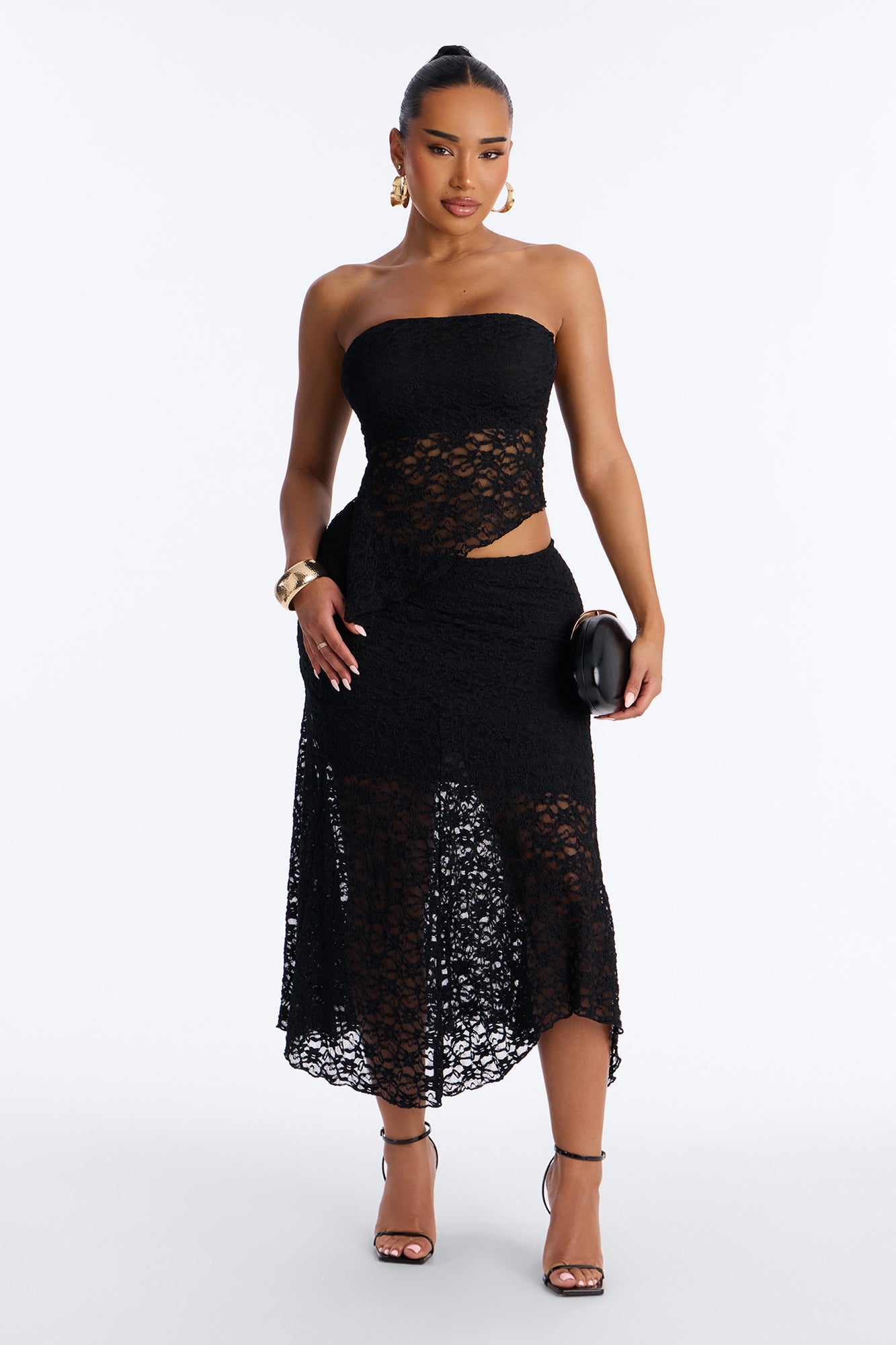 Liliana Lace Asymmetrical Skirt Set - Black Fashion Nova