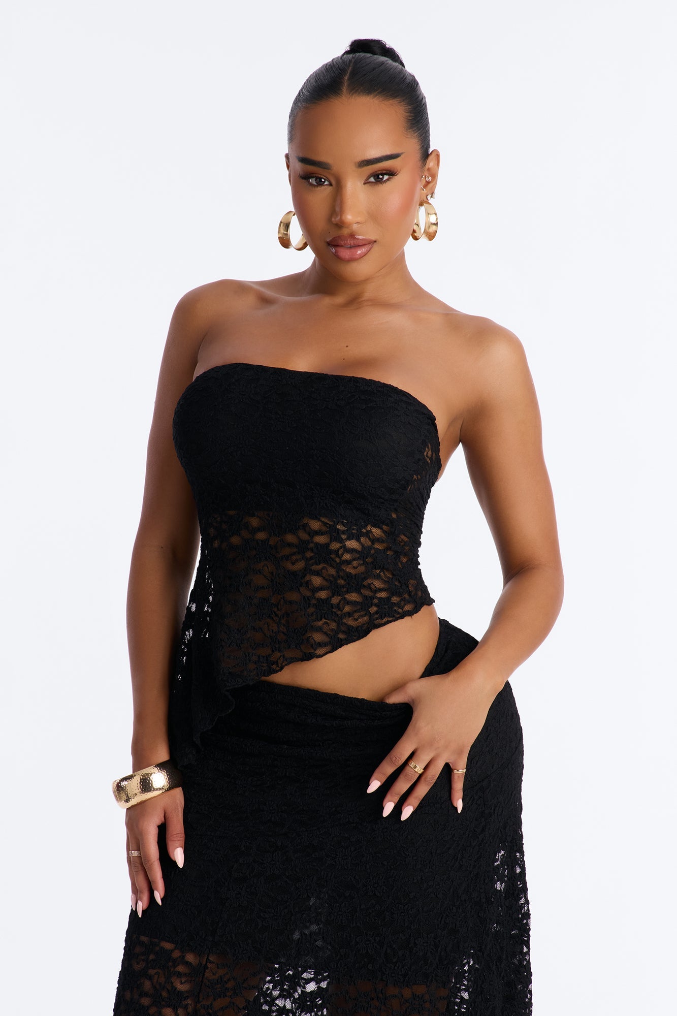 Liliana Lace Asymmetrical Skirt Set - Black Fashion Nova