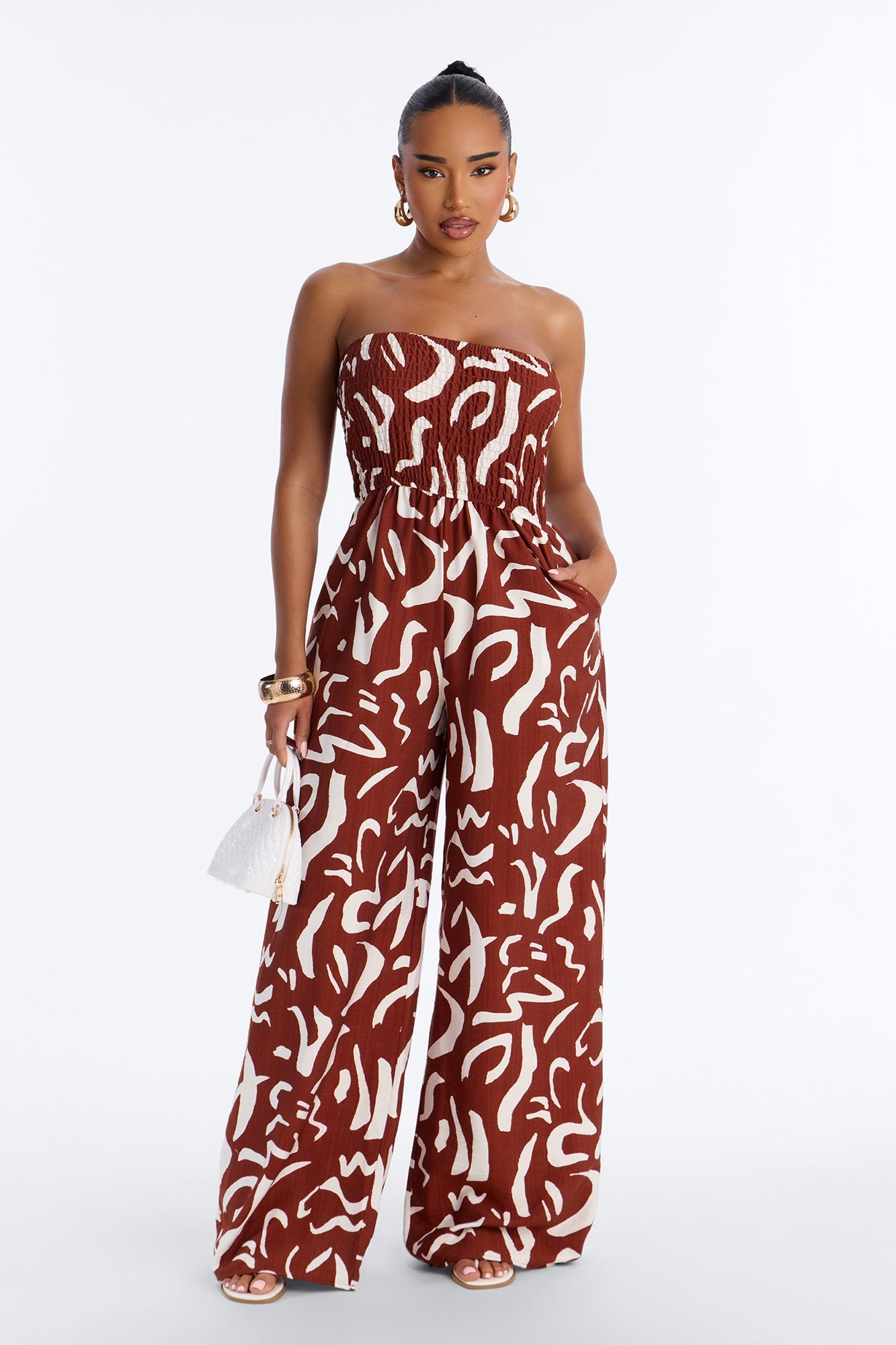 Faye Strapless Abstract Wide Leg Jumpsuit - Rust/combo NEWFASHIONEDGE