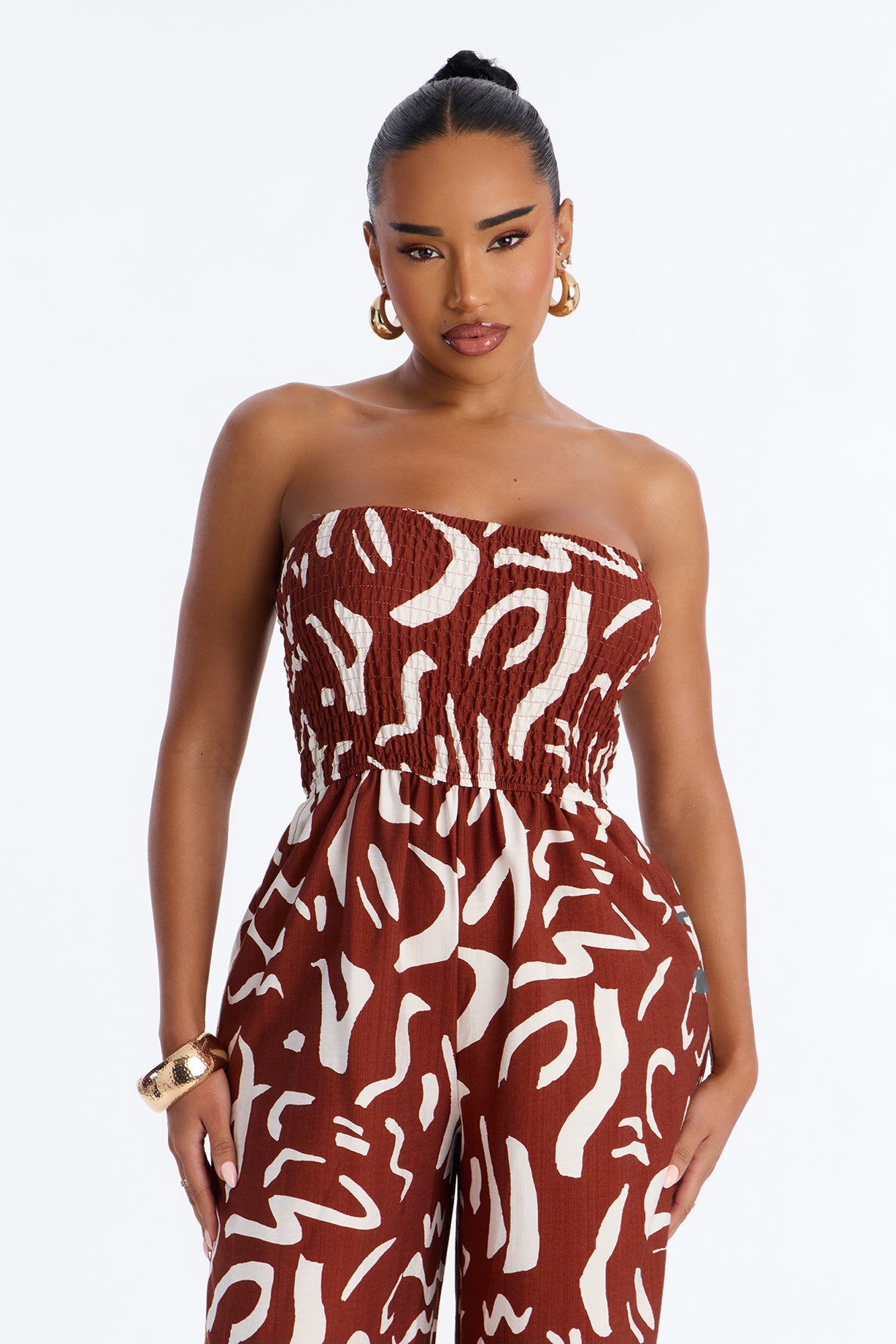 Faye Strapless Abstract Wide Leg Jumpsuit - Rust/combo