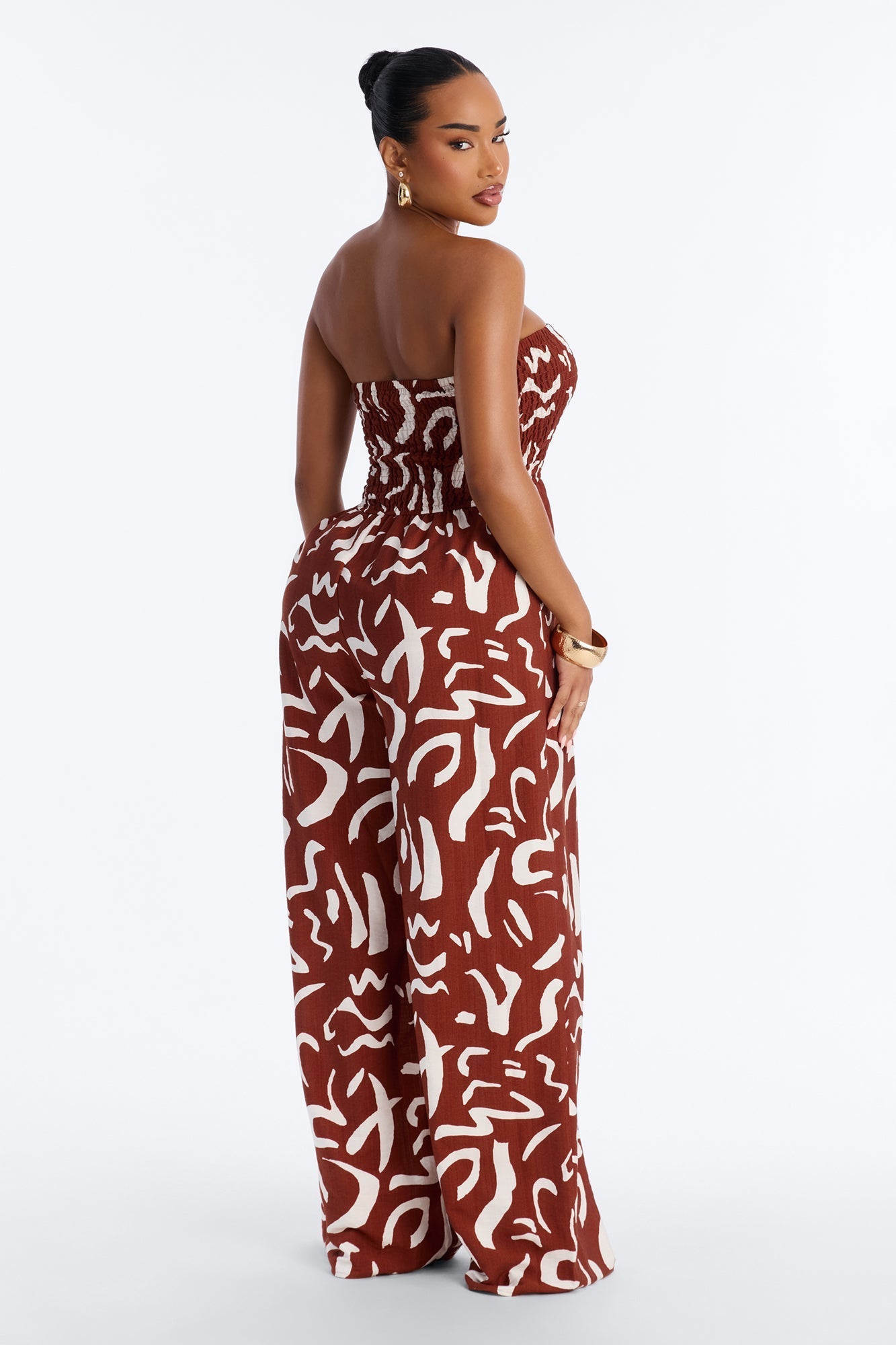Faye Strapless Abstract Wide Leg Jumpsuit - Rust/combo NEWFASHIONEDGE